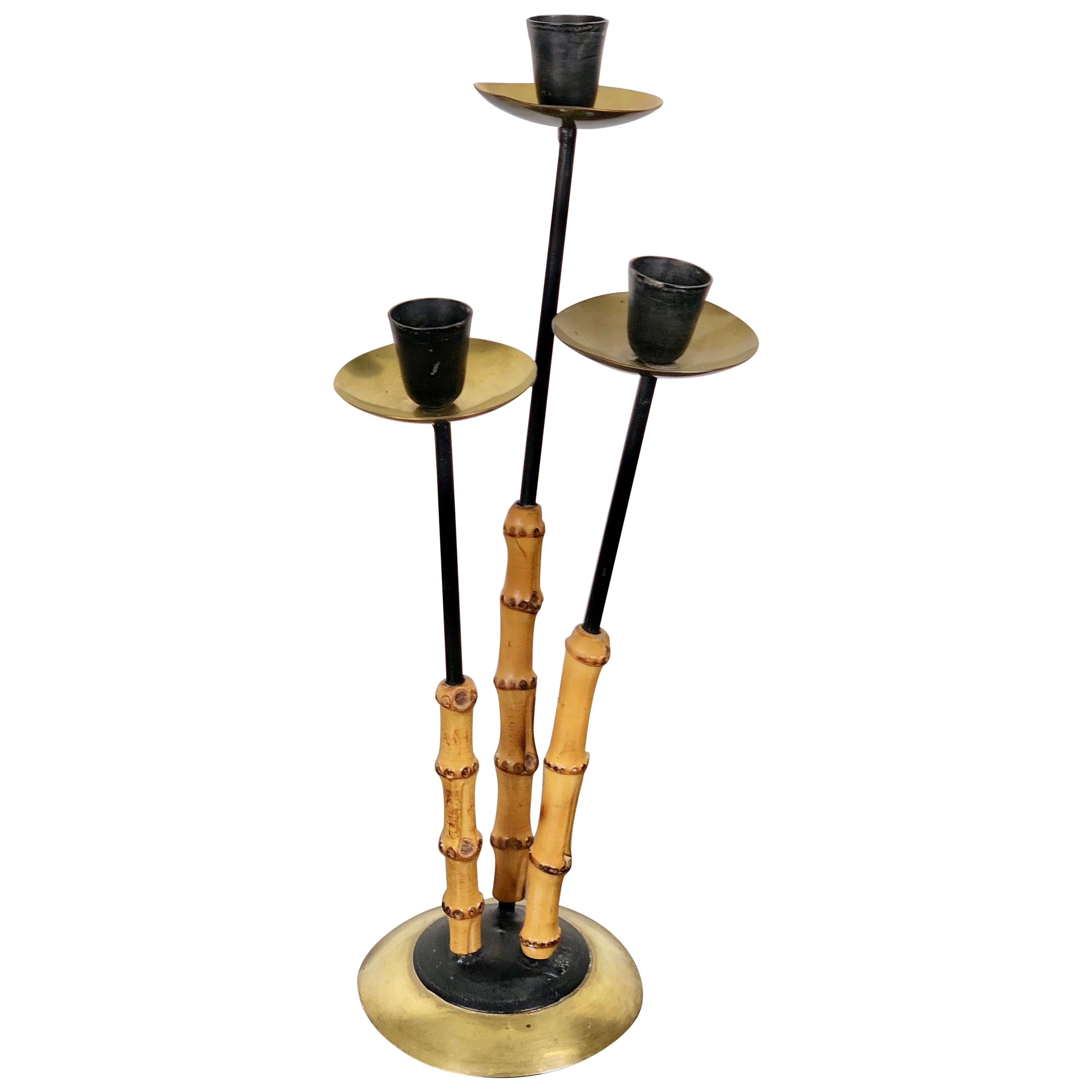 Bamboo and Brass Candleholder, Three Arms, Italy, 1970s For Sale