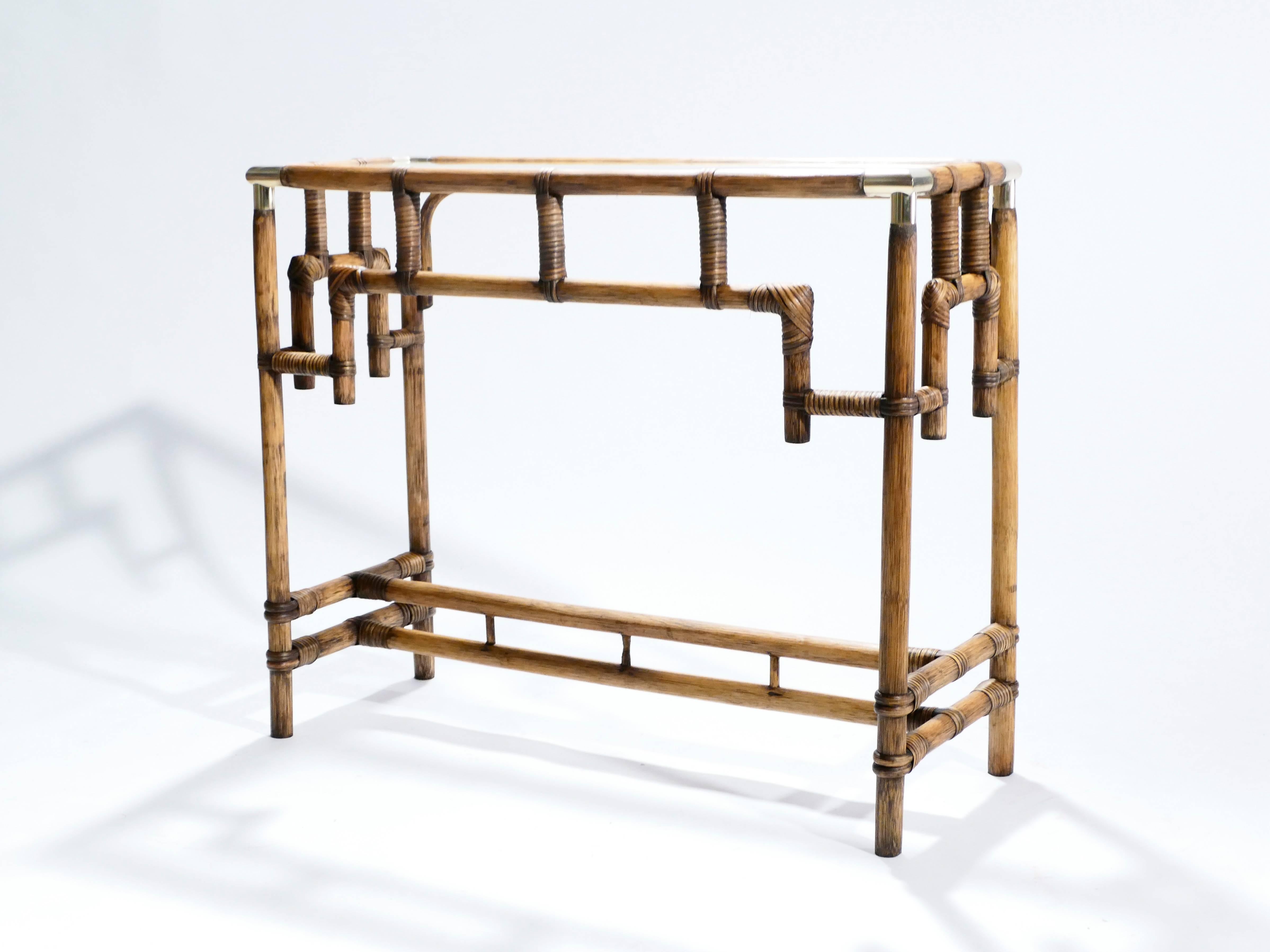 Hollywood Regency Bamboo and Brass Console Table, 1970s