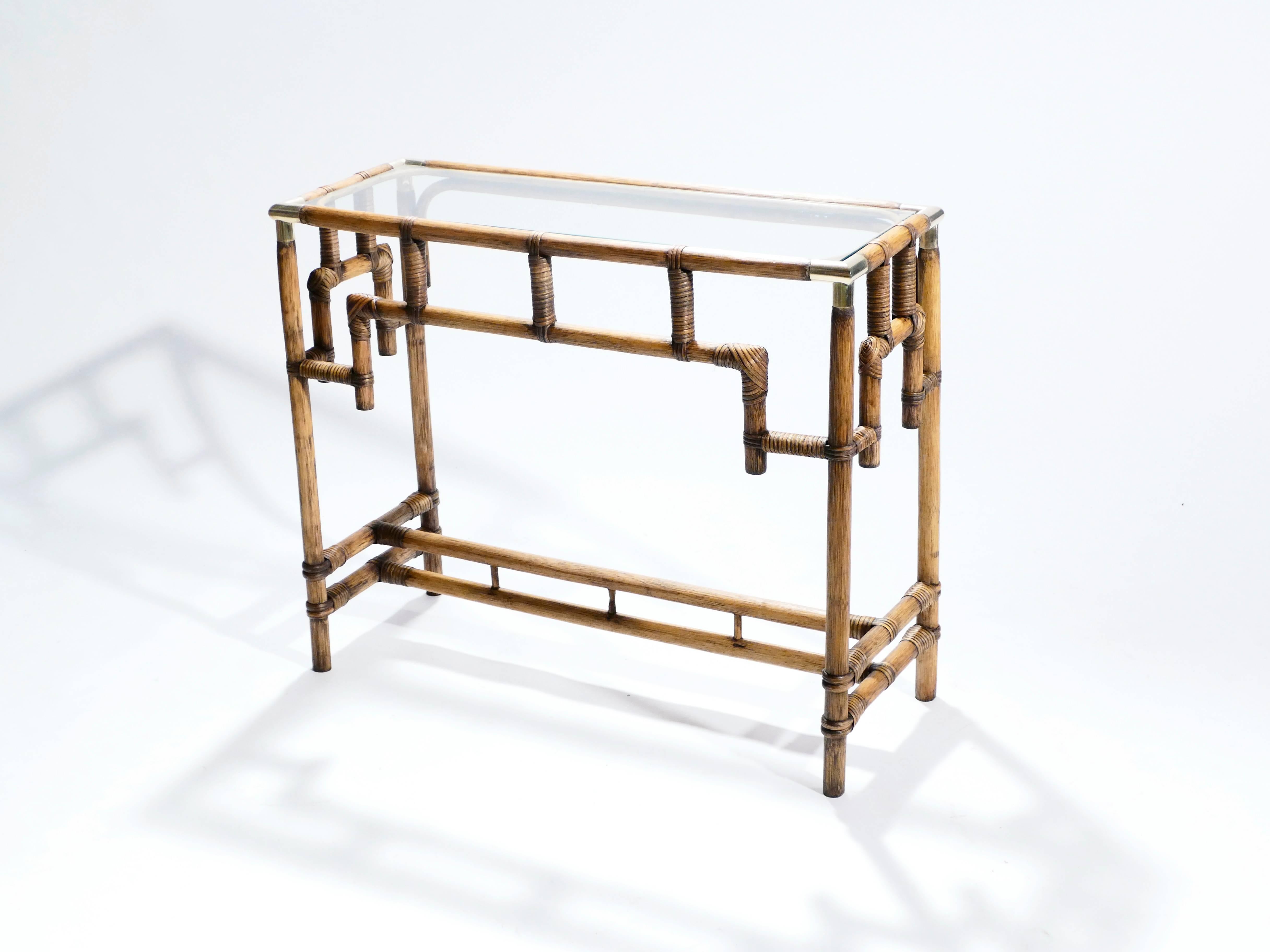 French Bamboo and Brass Console Table, 1970s