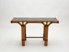 Bamboo and Brass French Console Table Black Glass Top, 1970s