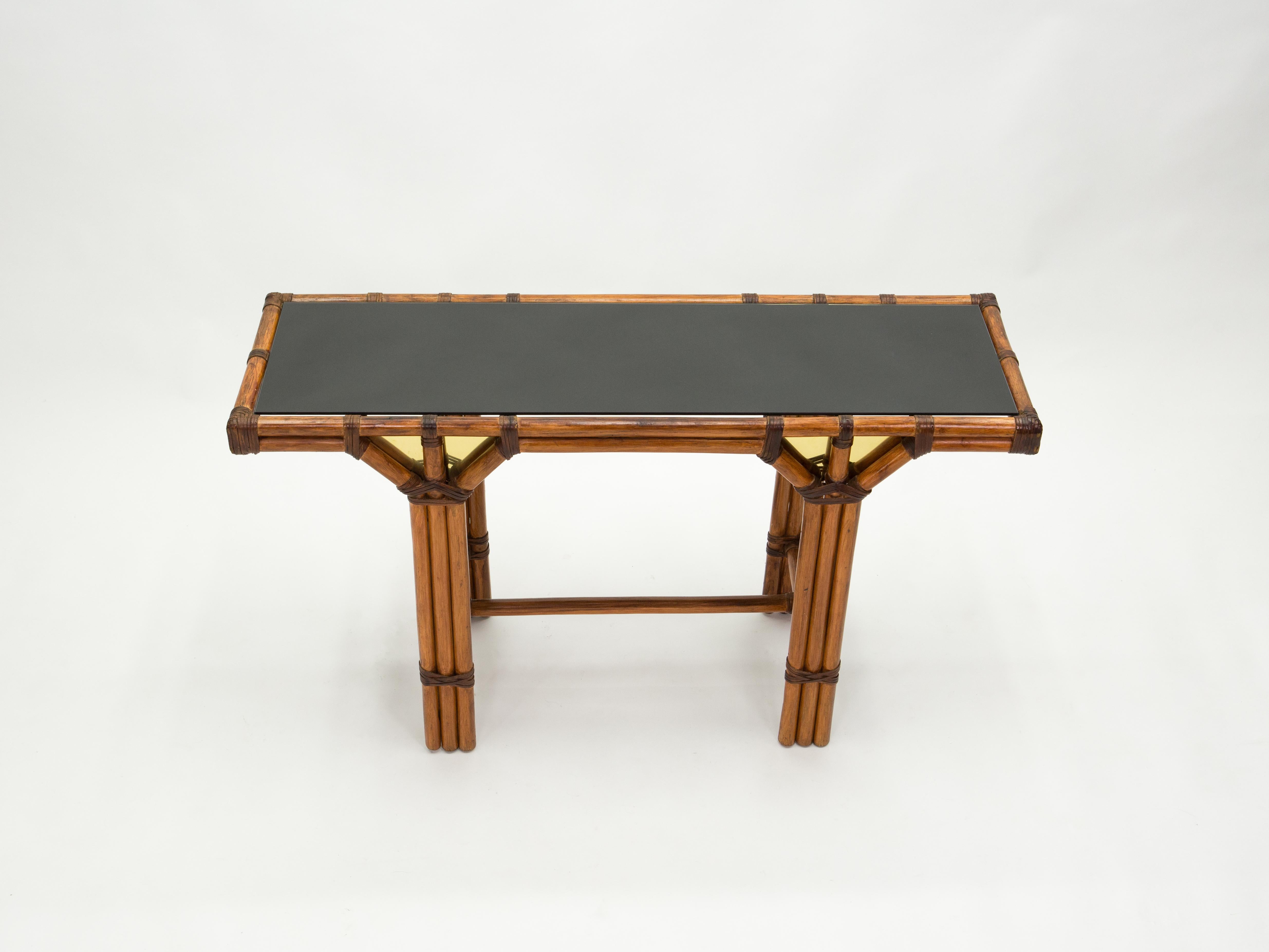 Mid-Century Modern Bamboo and Brass French Console Table Black Glass Top, 1970s