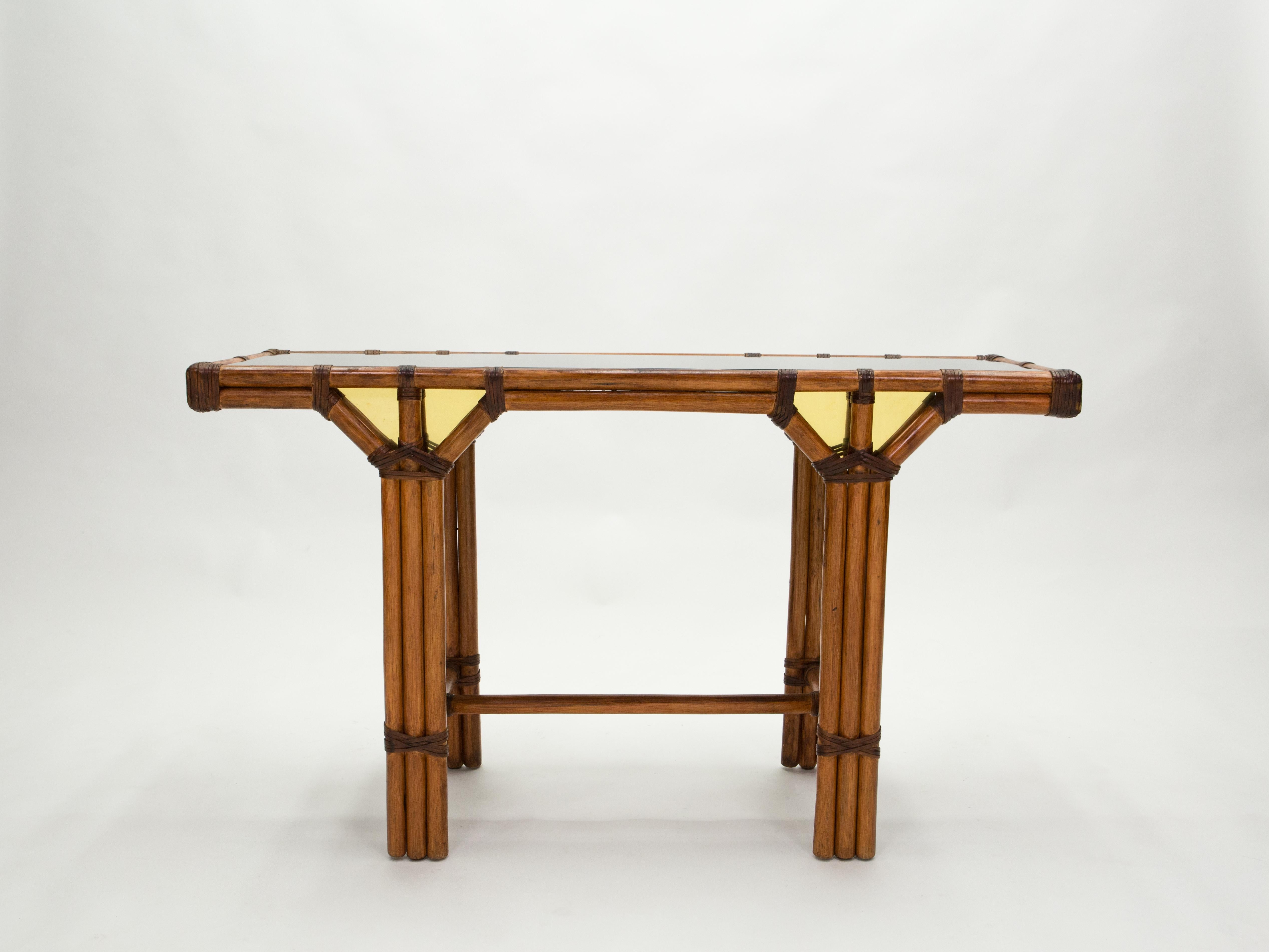 Bamboo and Brass French Console Table Black Glass Top, 1970s In Good Condition In Paris, IDF