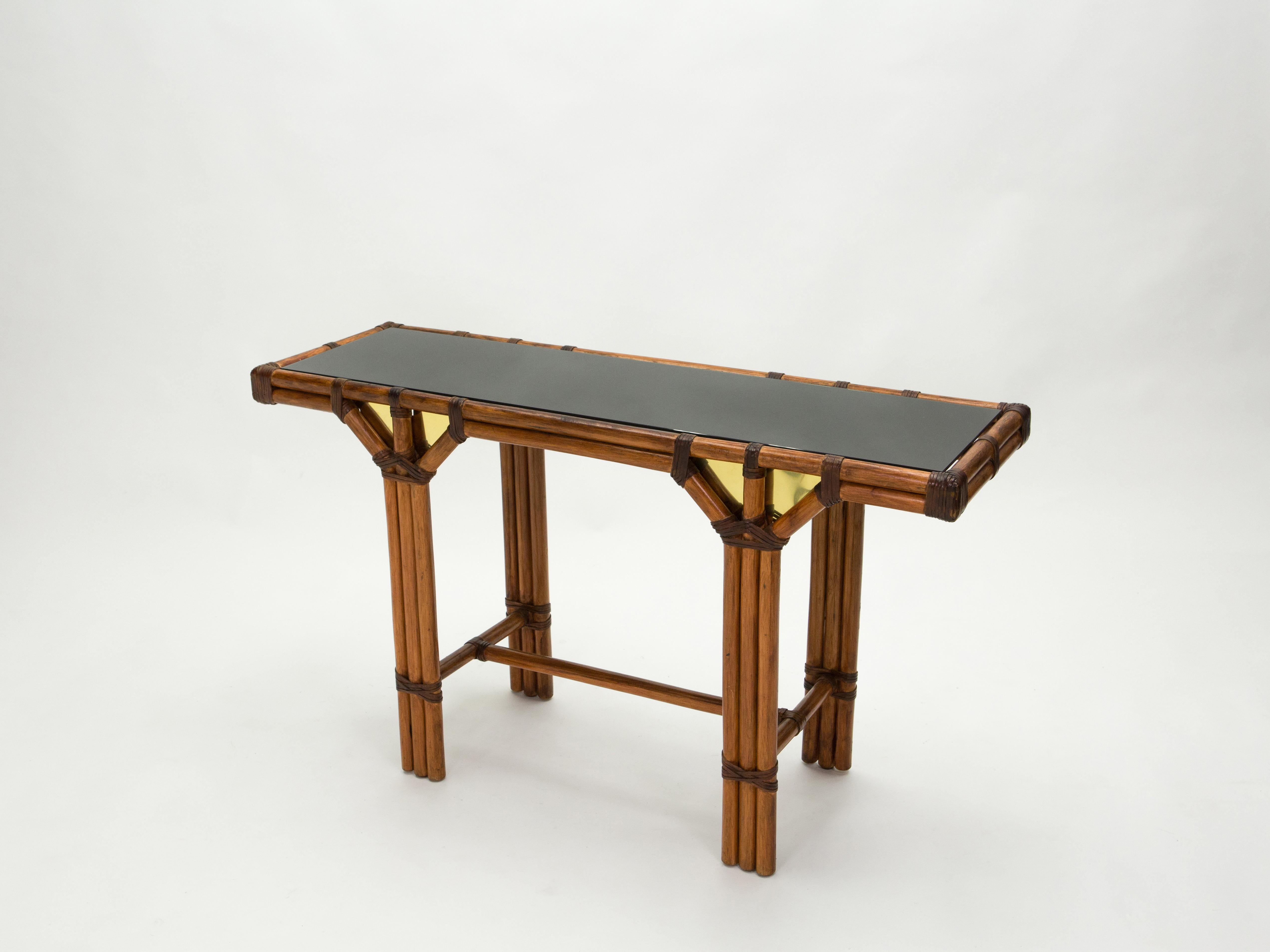 Late 20th Century Bamboo and Brass French Console Table Black Glass Top, 1970s For Sale