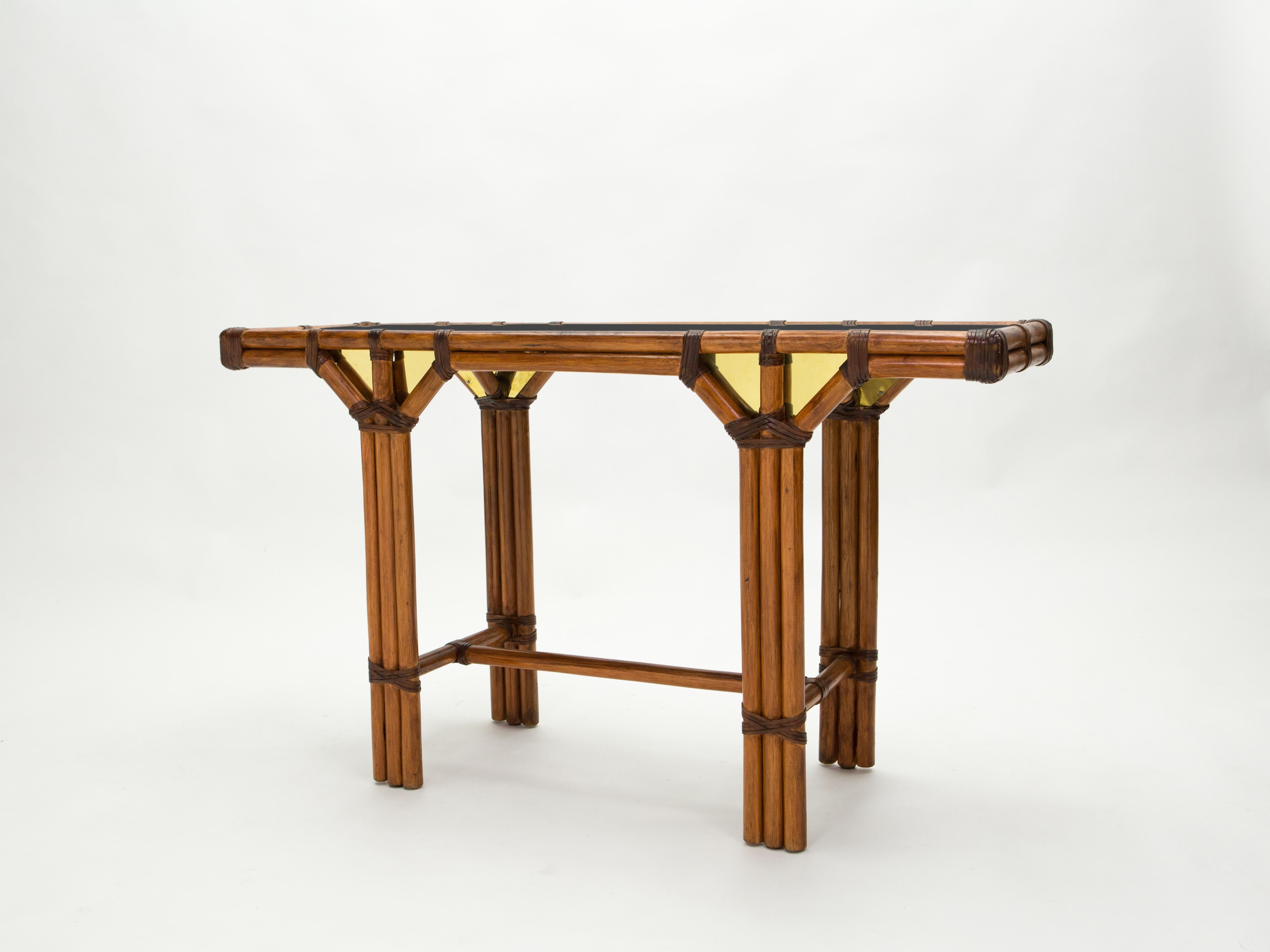 Bamboo and Brass French Console Table Black Glass Top, 1970s 2