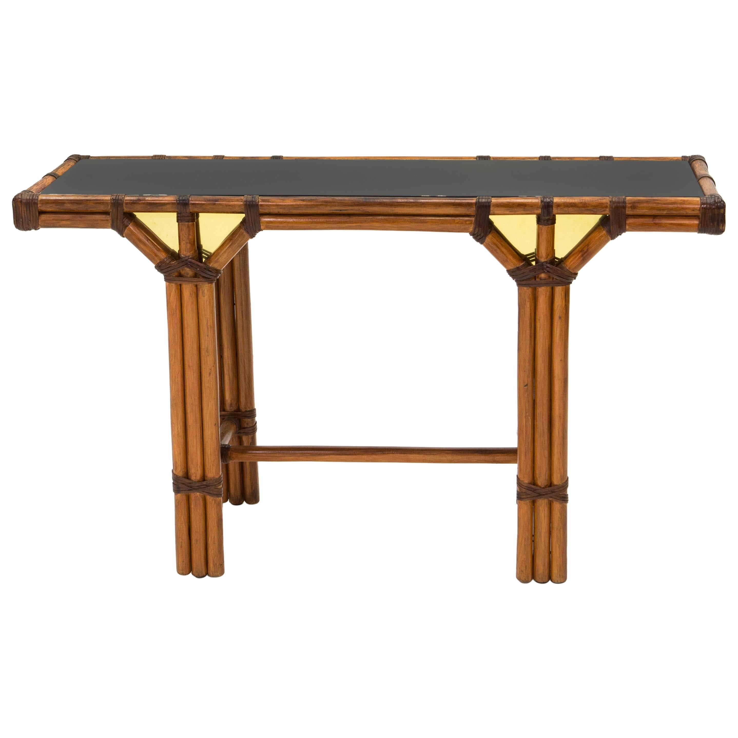 Bamboo and Brass French Console Table Black Glass Top, 1970s