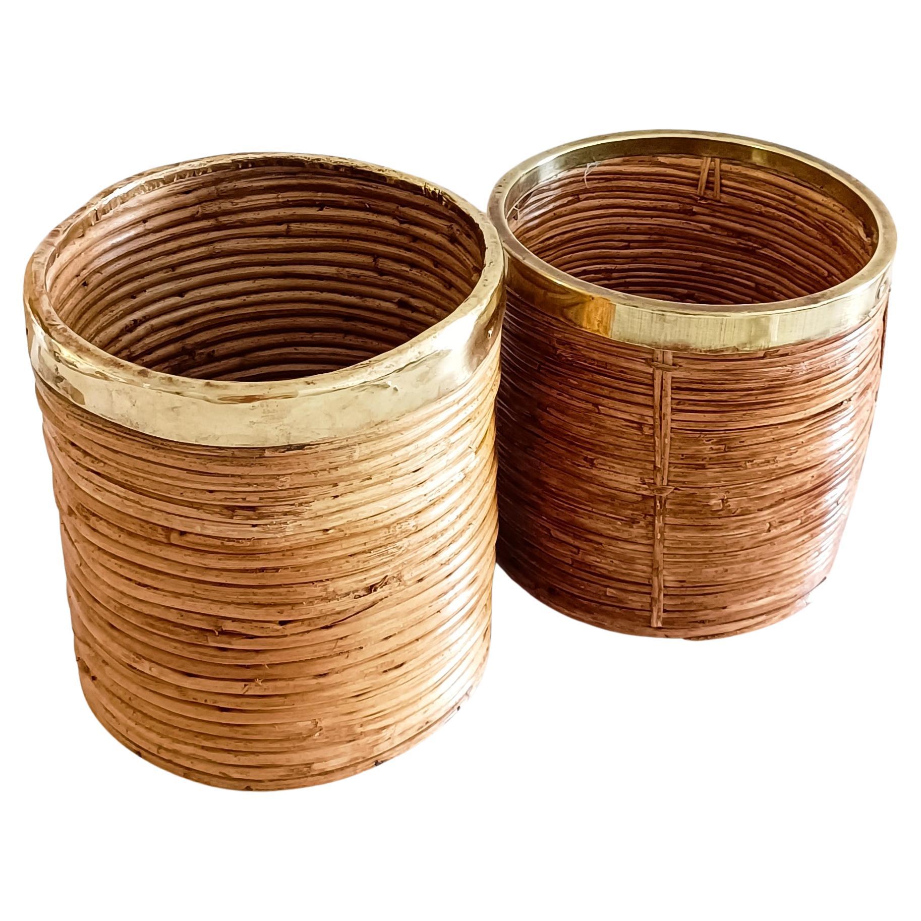 Bamboo and Brass Gabriella Crespi Style Pair of Basket Planters, Italy 1970s 3