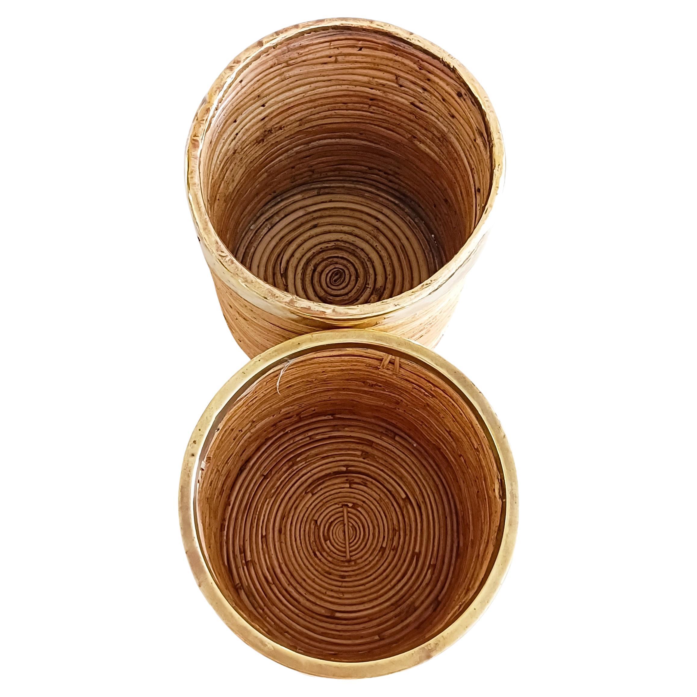 Bamboo and Brass Gabriella Crespi Style Pair of Basket Planters, Italy 1970s 5