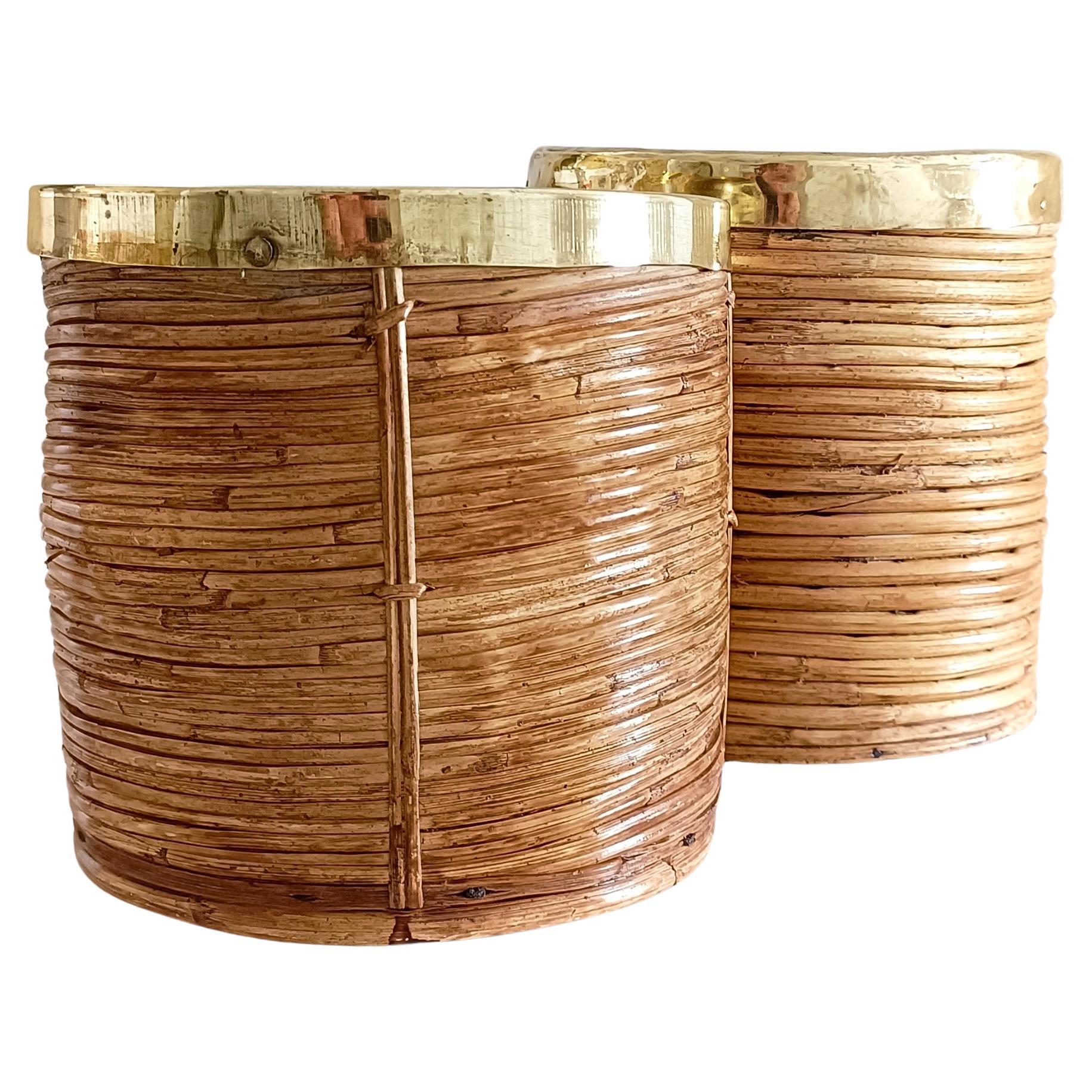 Italian Bamboo and Brass Gabriella Crespi Style Pair of Basket Planters, Italy 1970s