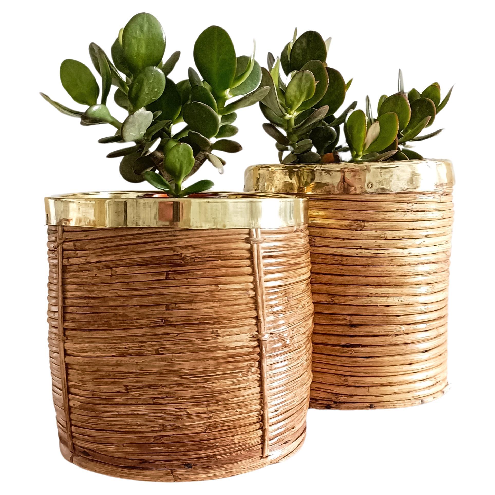 Hand-Crafted Bamboo and Brass Gabriella Crespi Style Pair of Basket Planters, Italy 1970s