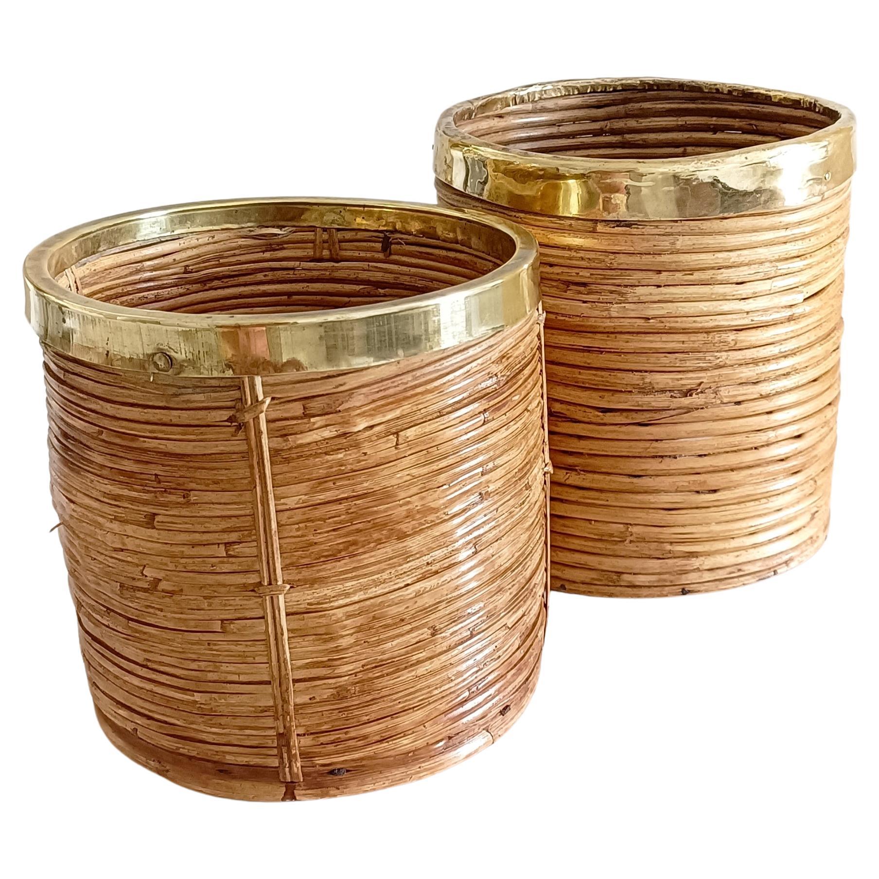 Bamboo and Brass Gabriella Crespi Style Pair of Basket Planters, Italy 1970s In Good Condition In Valencia, VC