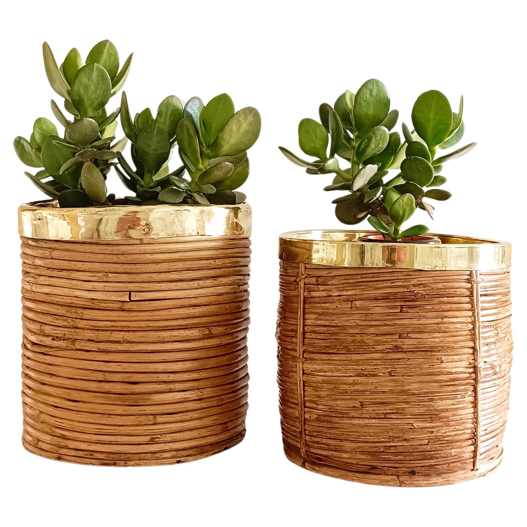 Late 20th Century Bamboo and Brass Gabriella Crespi Style Pair of Basket Planters, Italy 1970s