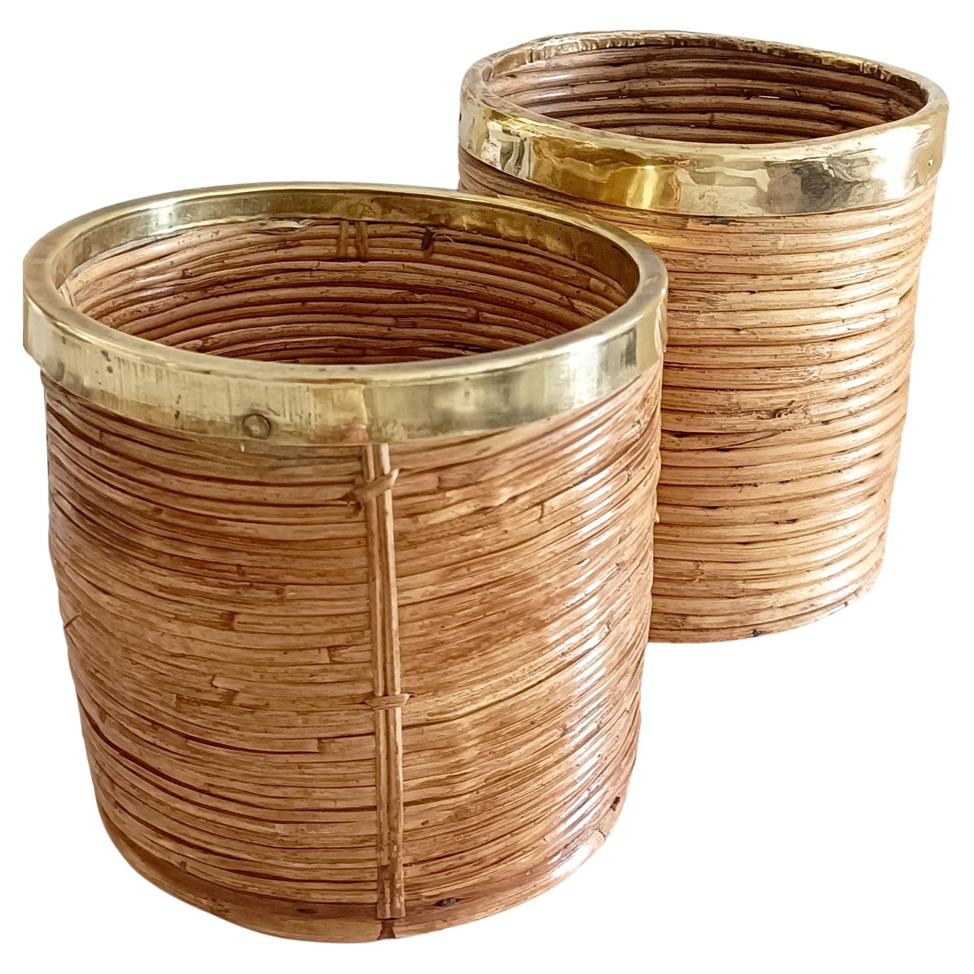 Bamboo and Brass Gabriella Crespi Style Pair of Basket Planters, Italy 1970s 1
