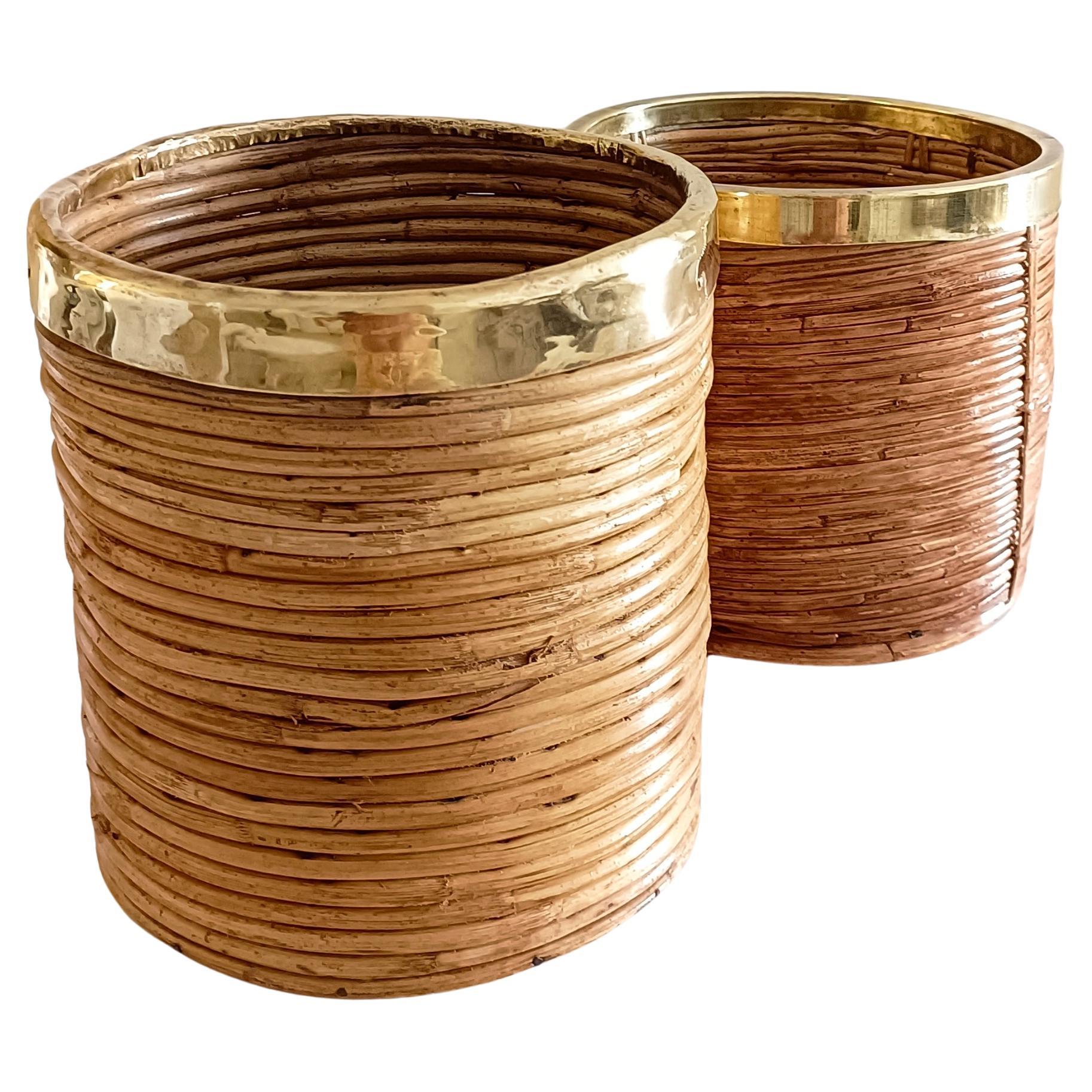 Bamboo and Brass Gabriella Crespi Style Pair of Basket Planters, Italy 1970s 2