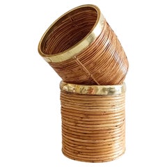 Bamboo and Brass Gabriella Crespi Style Pair of Basket Planters, Italy 1970s