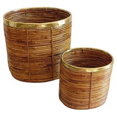 Midcentury Bamboo Rattan and Brass Large Pair of Planters, Italy 1970s