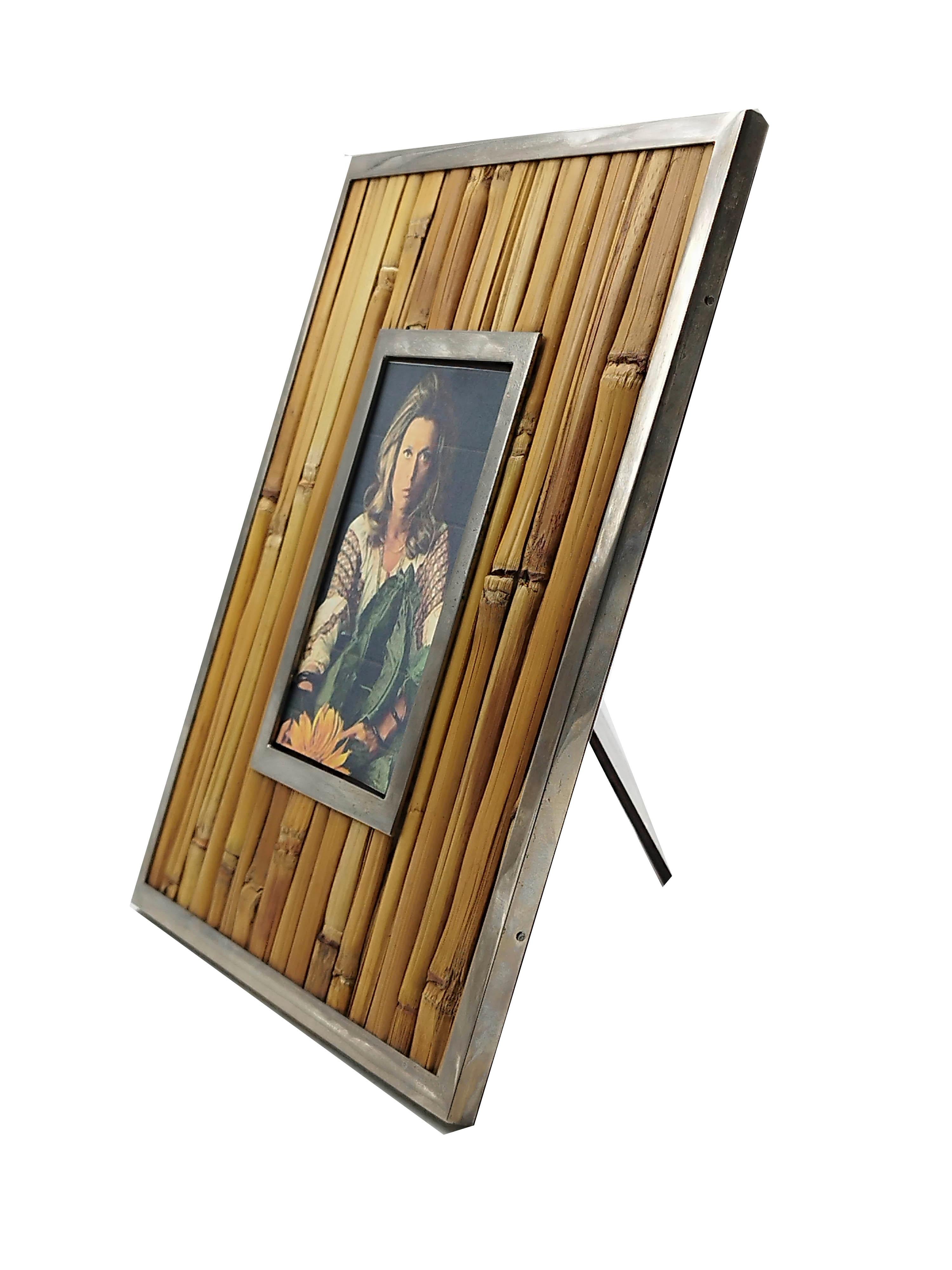 Mid-Century Modern Bamboo and Brass Picture Frame, Italy 1970s For Sale