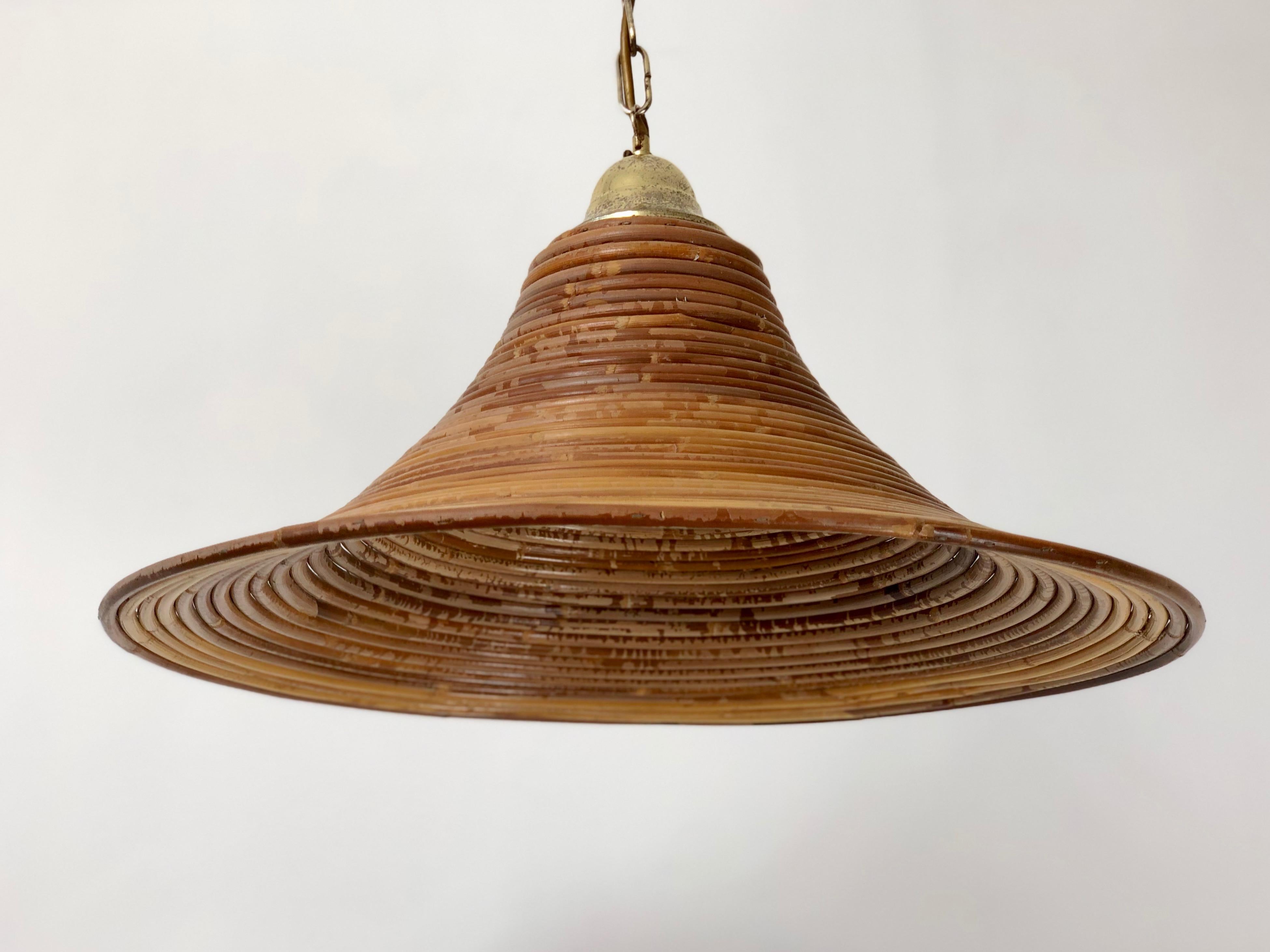 Mid-Century Modern Bamboo and Brass Rattan Chandelier Pendant Light, Crespi Style, Italy, 1950s