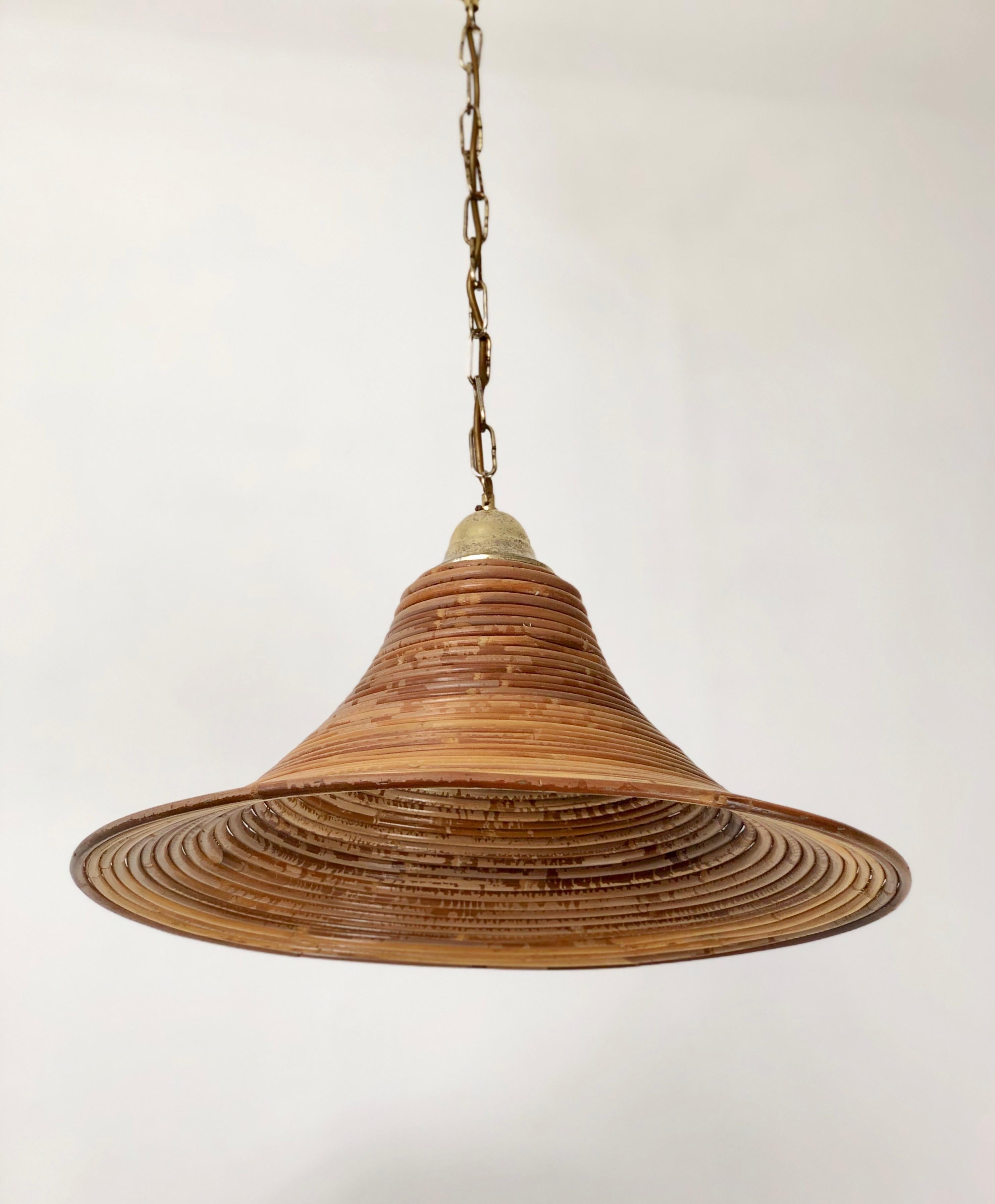 Italian Bamboo and Brass Rattan Chandelier Pendant Light, Crespi Style, Italy, 1950s