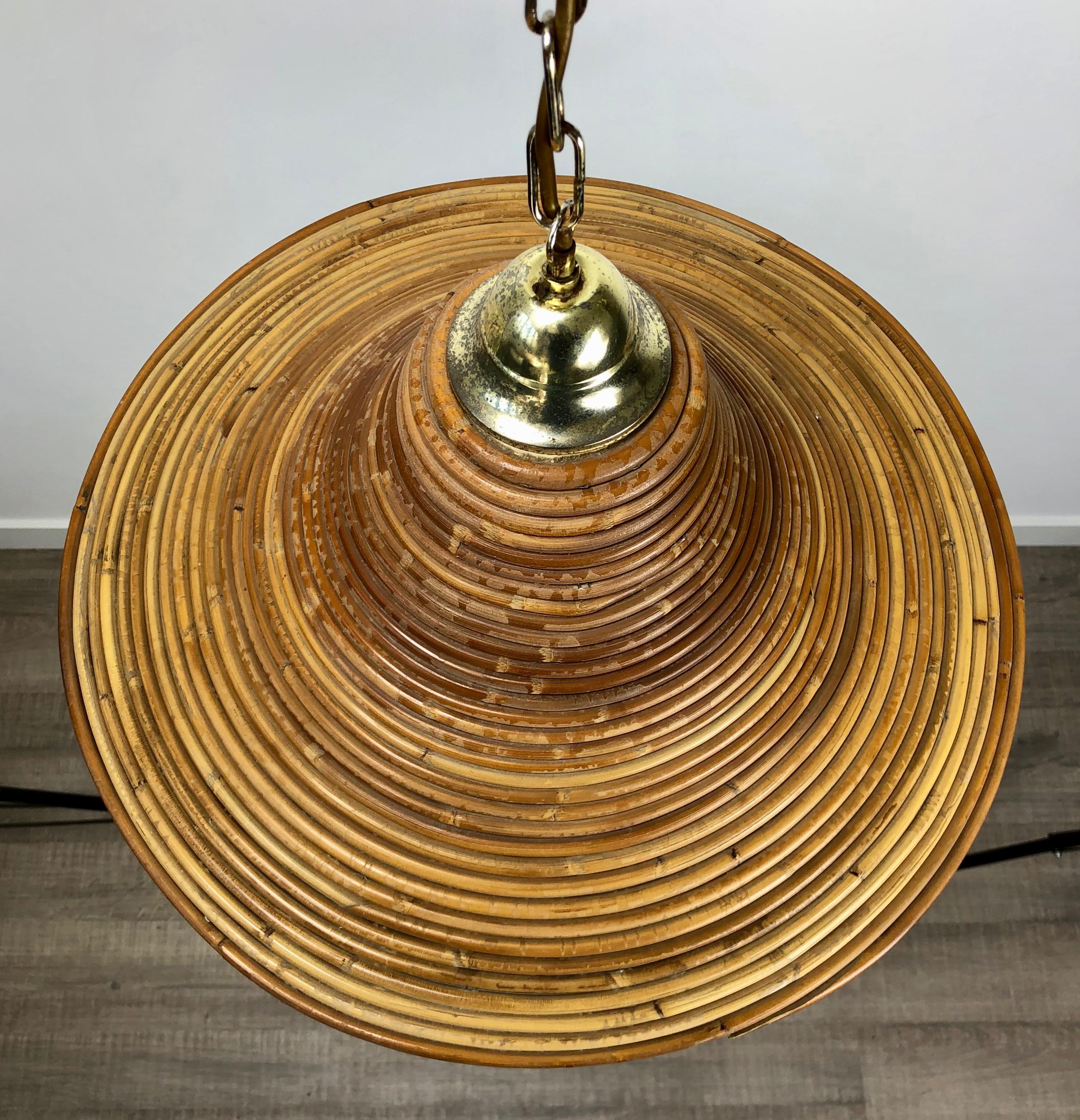 Mid-20th Century Bamboo and Brass Rattan Chandelier Pendant Light, Crespi Style, Italy, 1950s