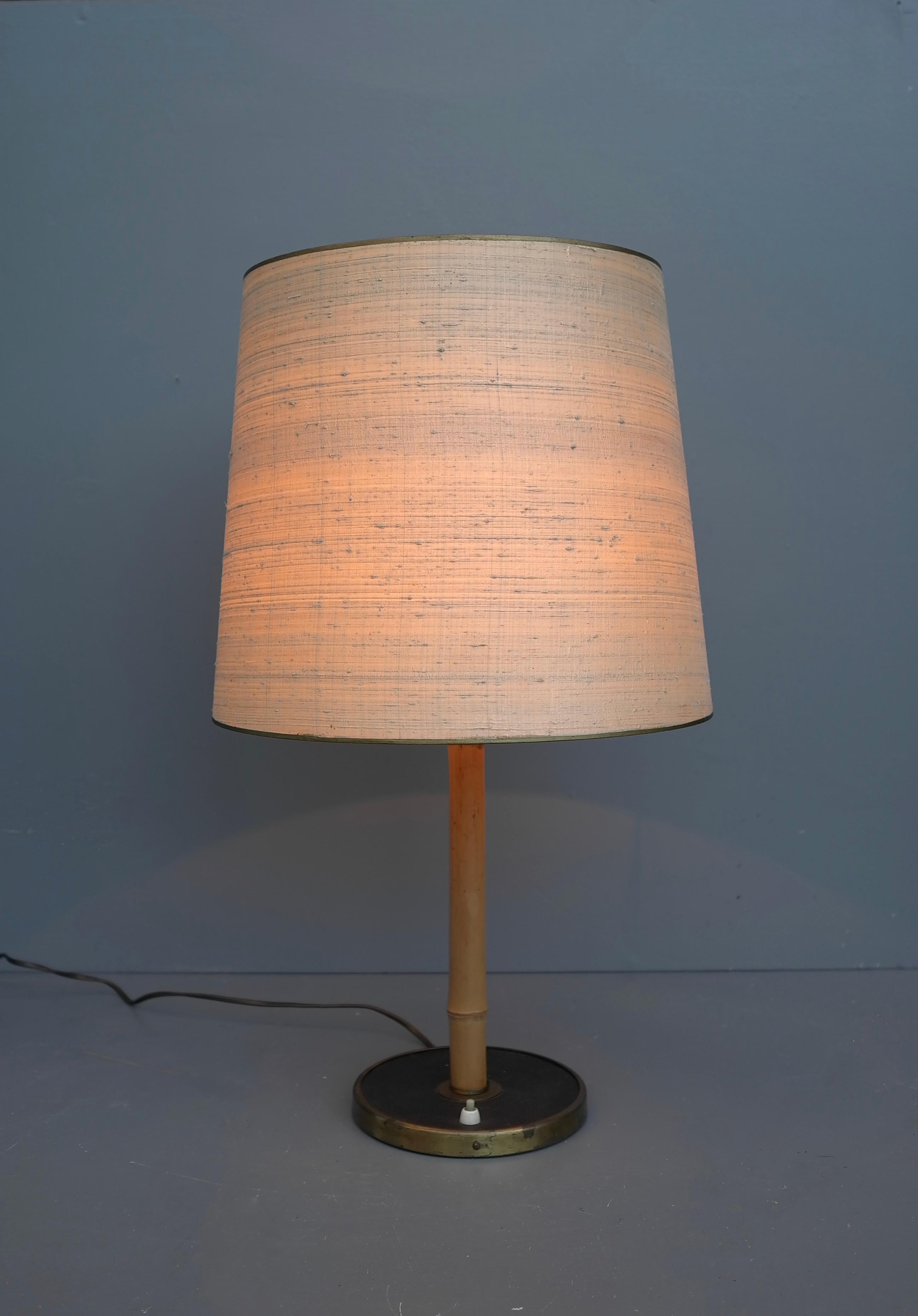 Bamboo and brass table lamp with silk shade, Austria 1950's.