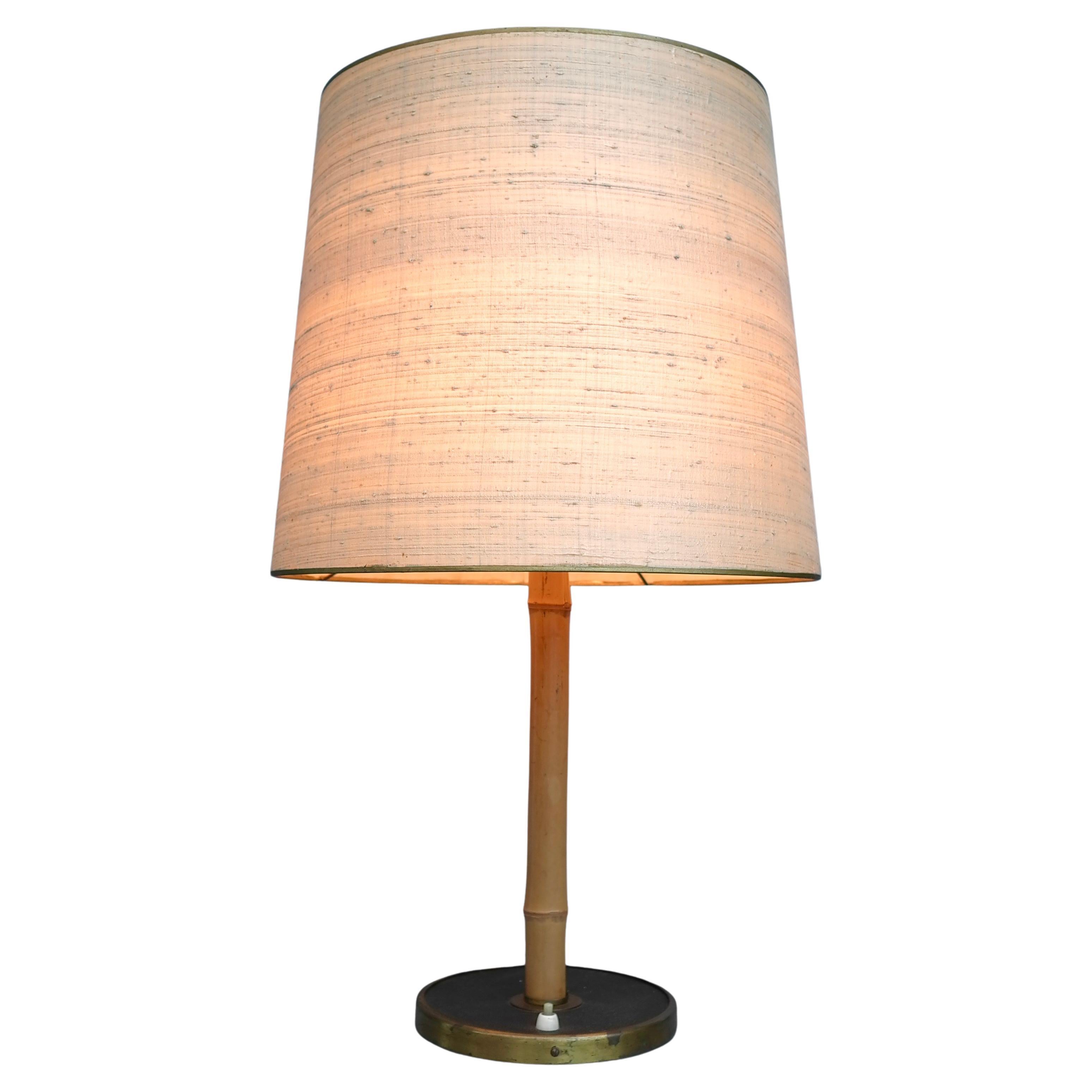 Bamboo and Brass Table Lamp with Silk Shade, Austria 1950's For Sale