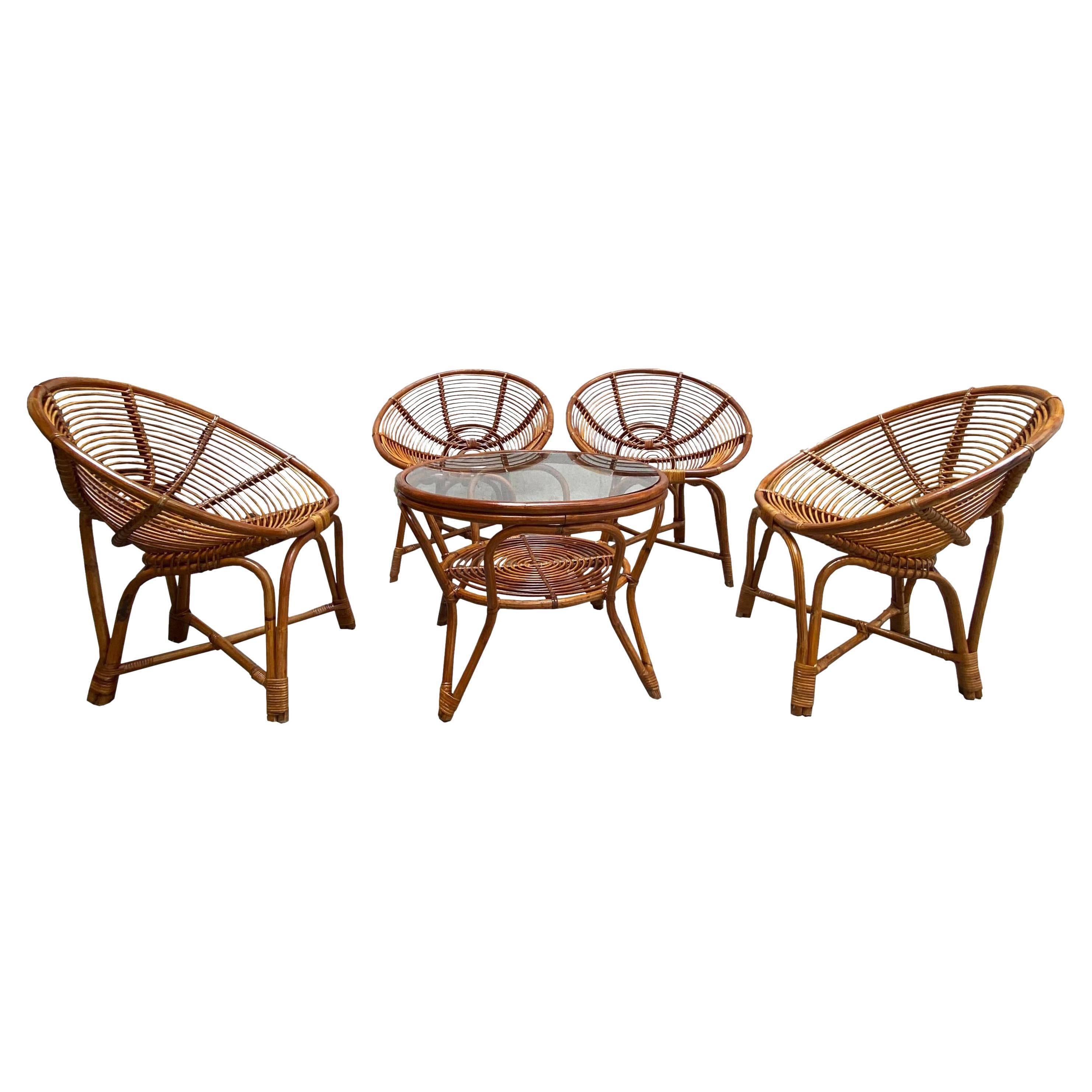 Bamboo and Cane Living Room Set of Four Armchairs and aCoffe Table, Italy 1960s