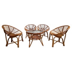 Vintage Bamboo and Cane Living Room Set of Four Armchairs and aCoffe Table, Italy 1960s