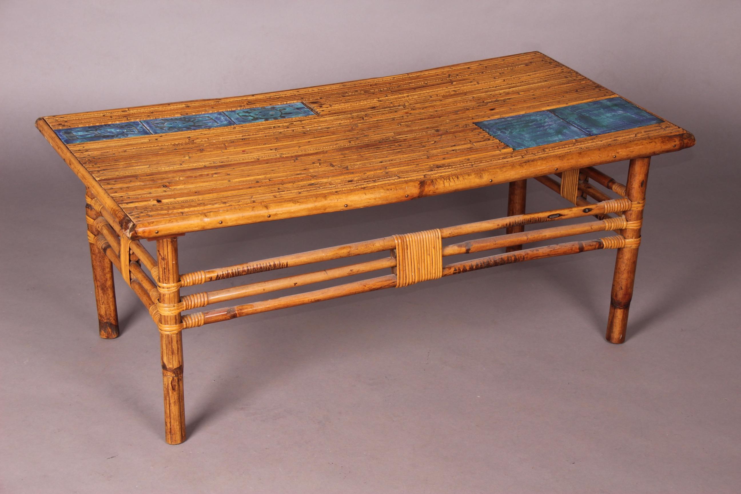 Mid-20th Century Bamboo and Ceramic Coffee Table