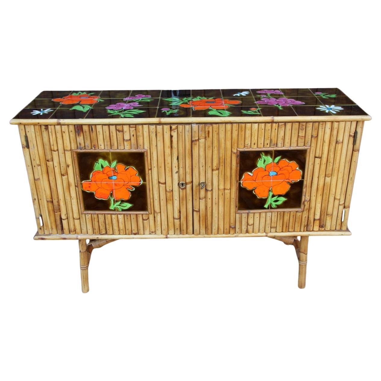 Bamboo And Ceramic Sideboard From The 1960s French Riviera For Sale