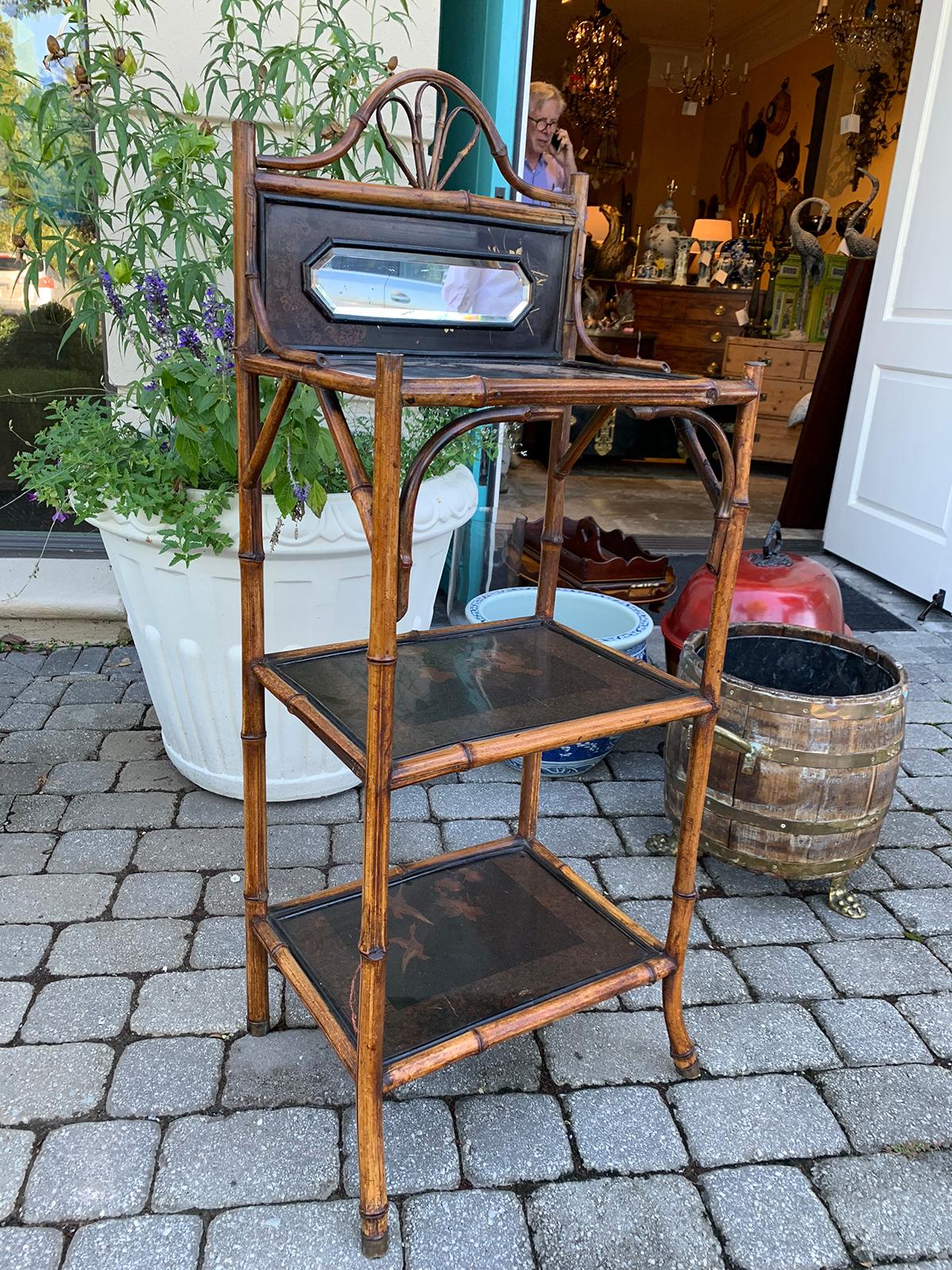 Bamboo and Chinoiserie Etagere with Mirror, circa 1890-1900 In Good Condition In Atlanta, GA