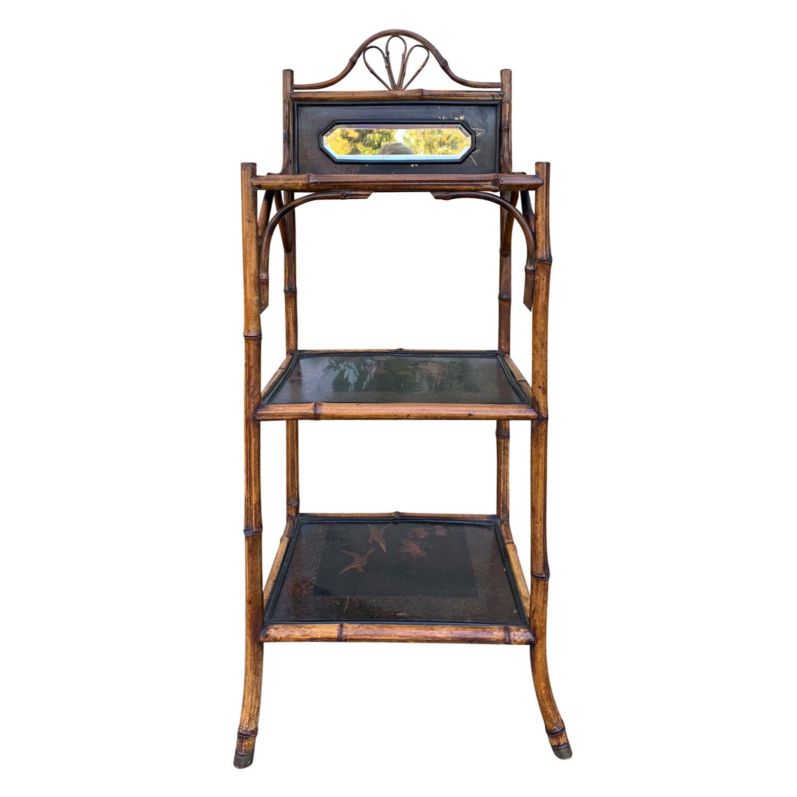 Bamboo and Chinoiserie Etagere with Mirror, circa 1890-1900