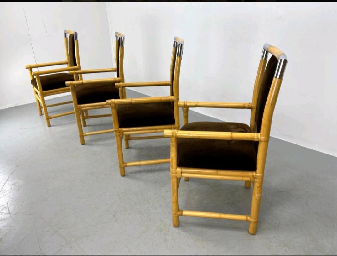 Mid-Century Modern Ensemble de quatre fauteuils en bambou et chrome en vente