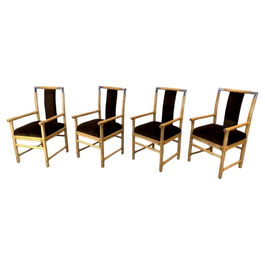 Ensemble de quatre fauteuils en bambou et chrome en vente