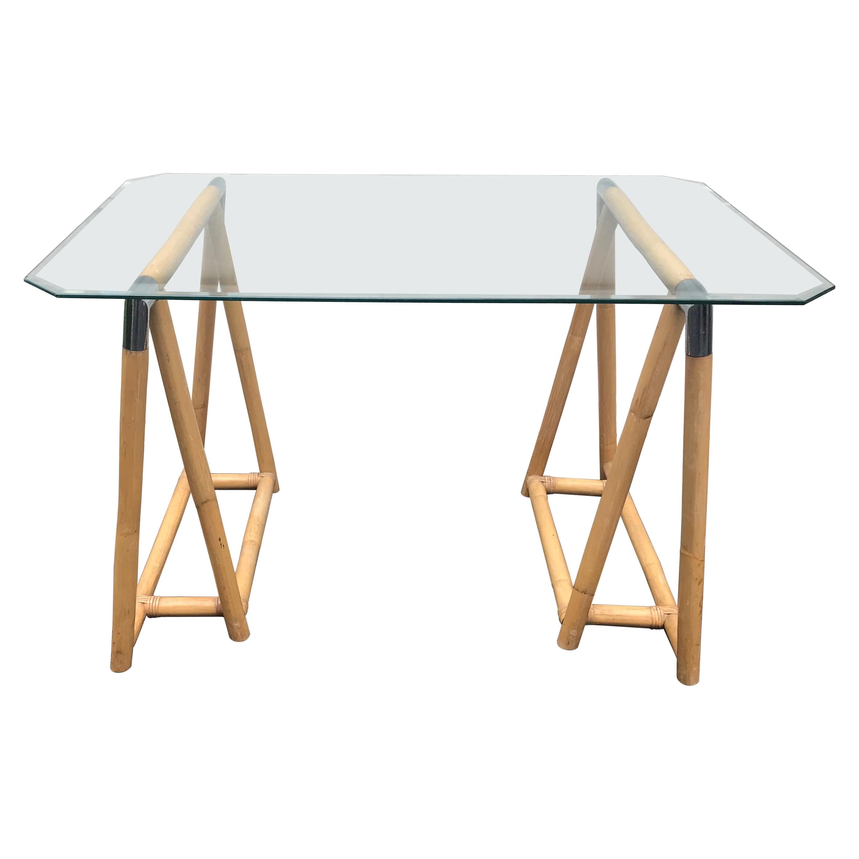 Bamboo and Chrome Sawhorse Table For Sale