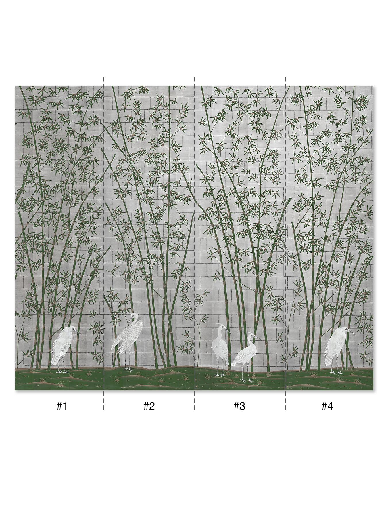 Bamboo and Cranes is an exotic mural of bamboo trees with a group of majestic white cranes below. This mural is hand painted on silver metal leaf paper. The bamboo trees are delicately wrought in a deep green with white lines and gold highlights.