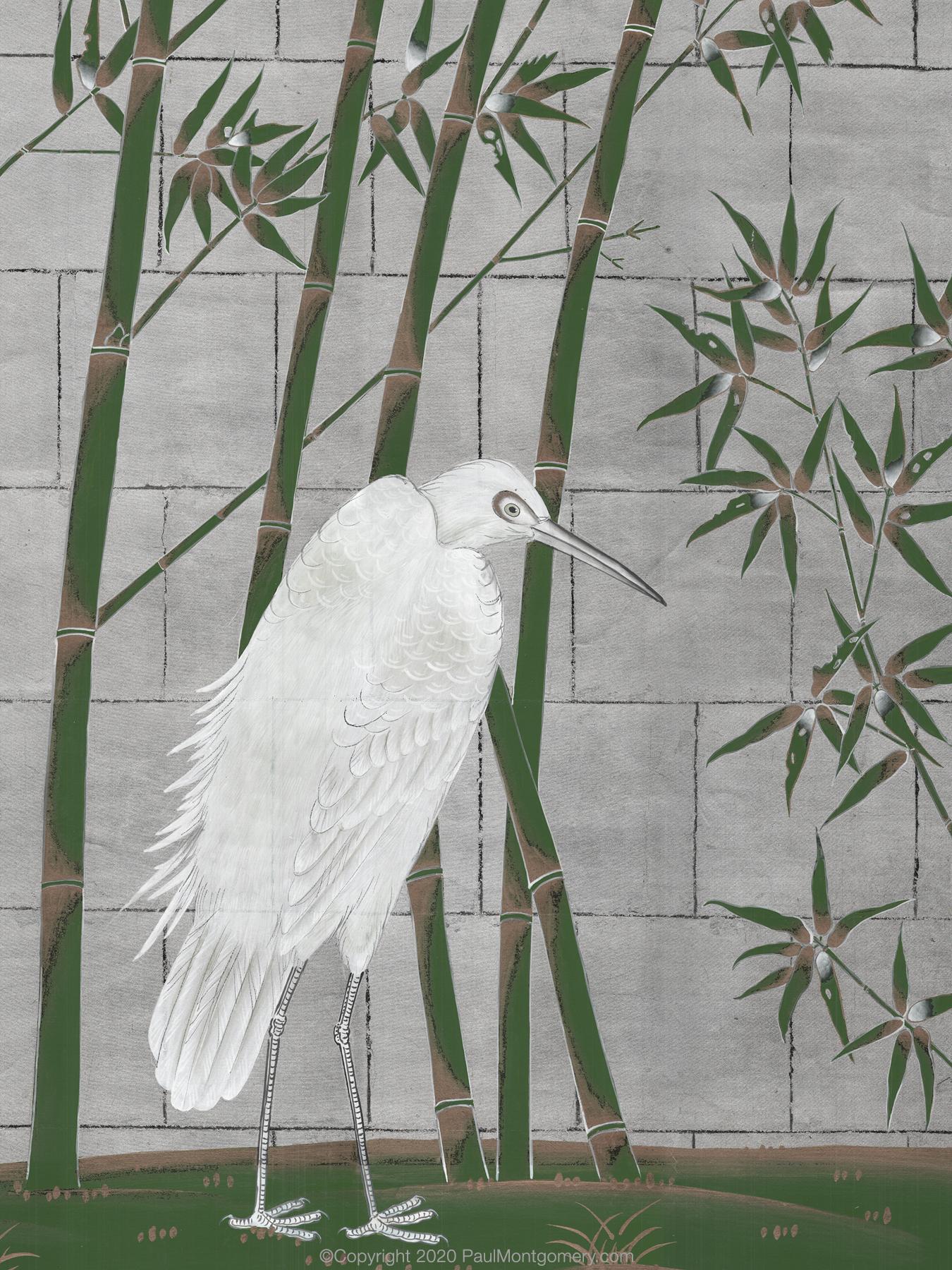 Chinoiseries Papier peint Bambou vert et Grues blanches sur feuille de métal en vente