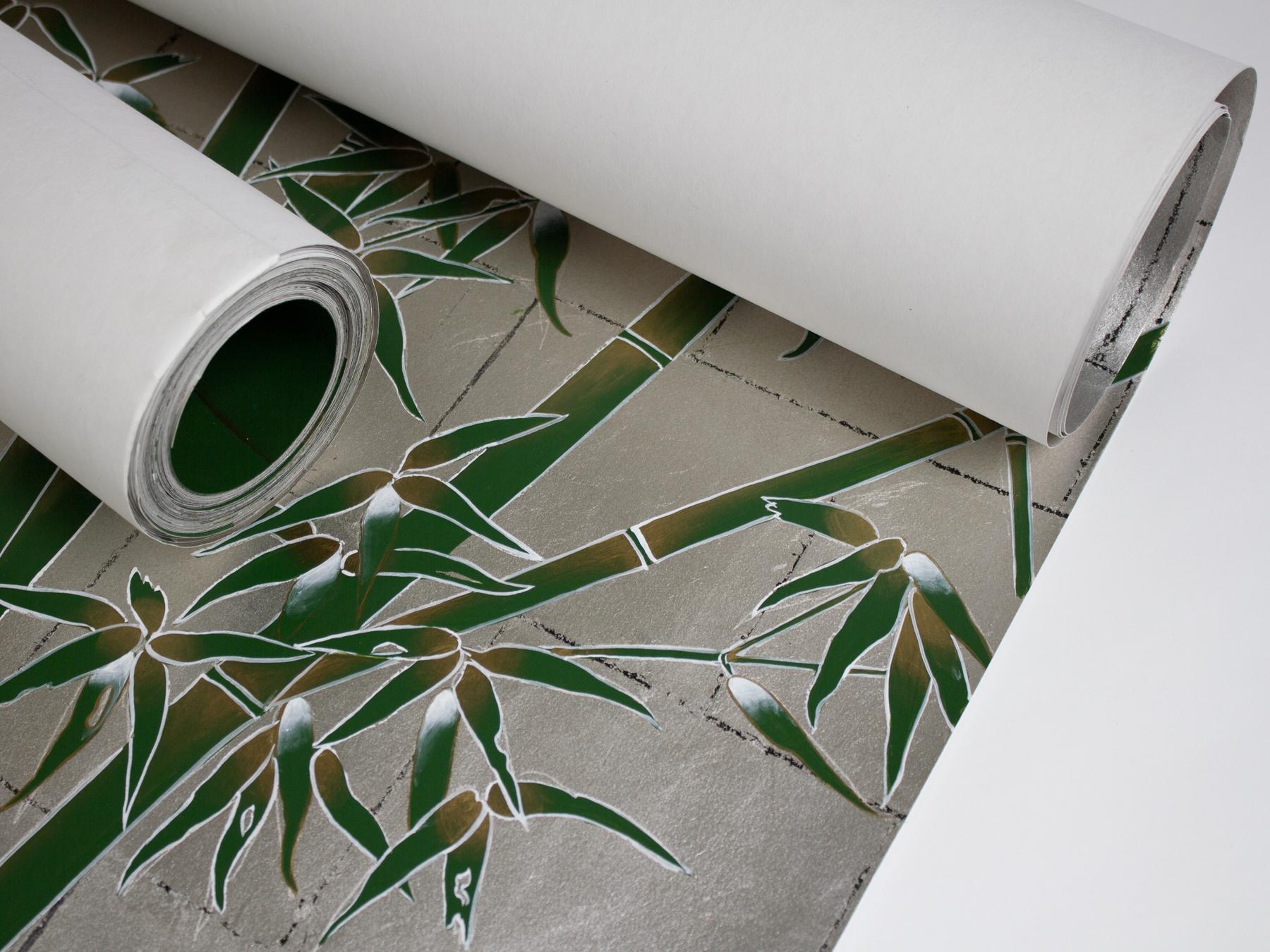 Américain Papier peint Bambou vert et Grues blanches sur feuille de métal en vente