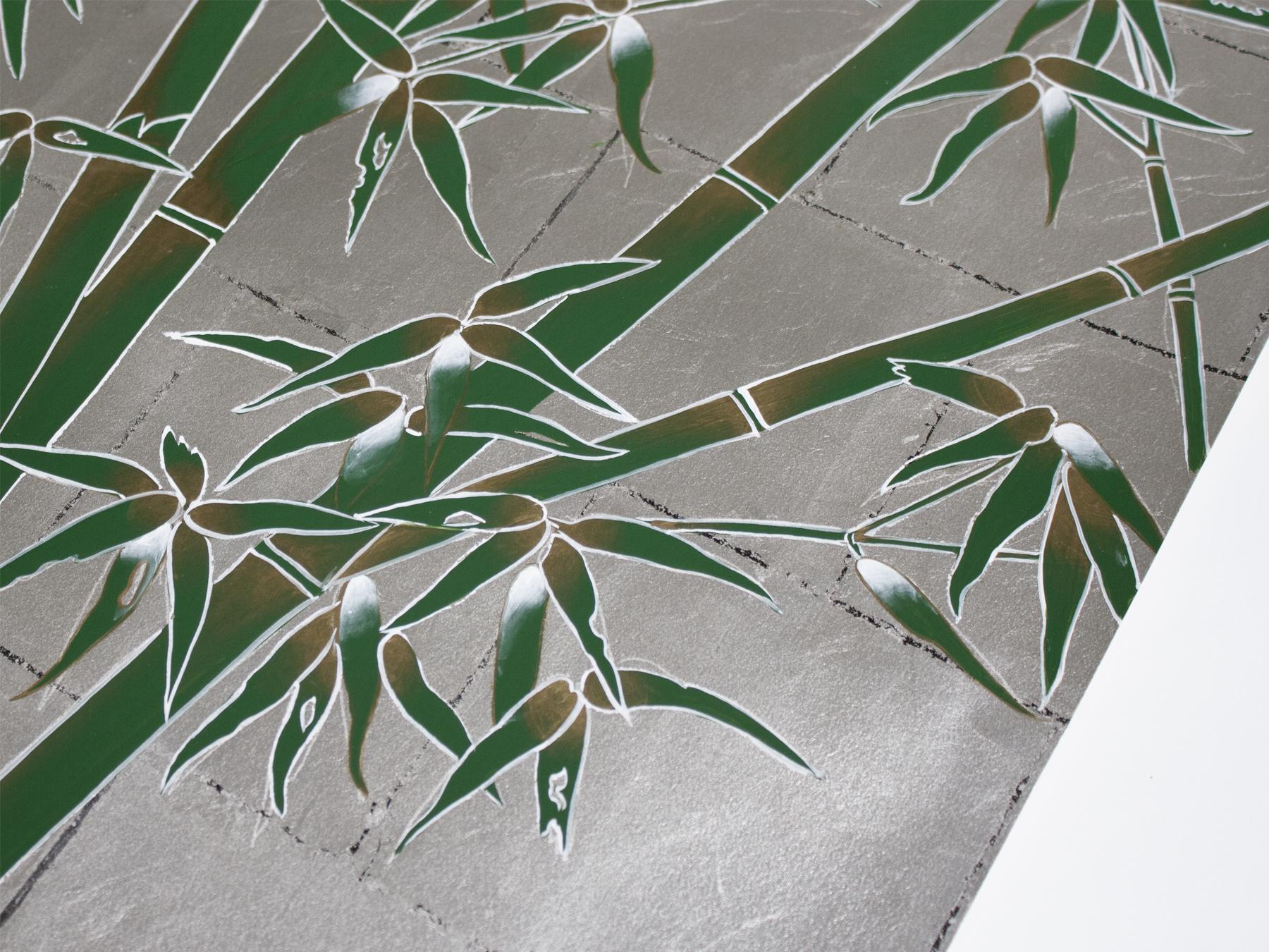 Chinoiserie Green Bamboo and White Cranes on metal leaf Wallpaper For Sale