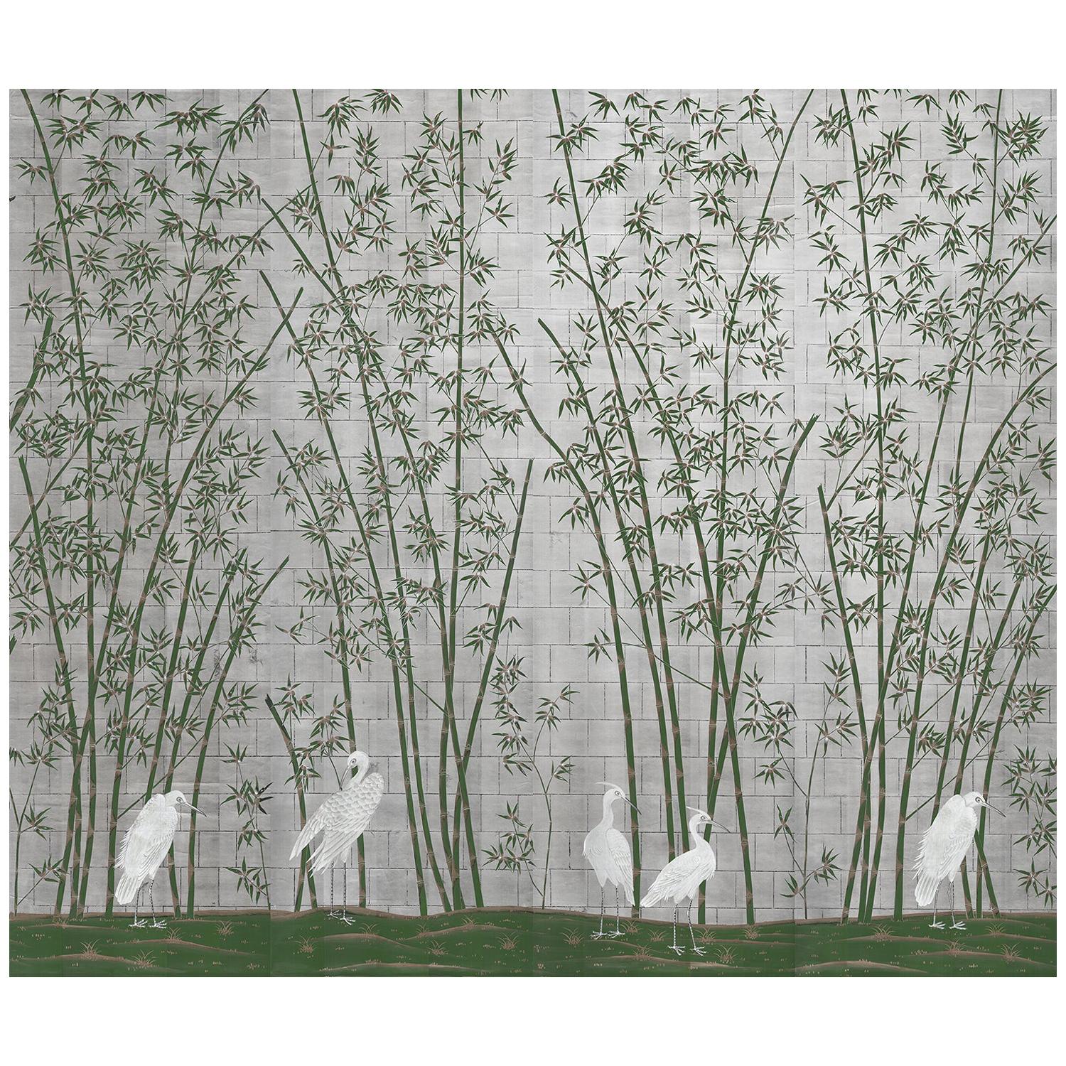 Green Bamboo and White Cranes on metal leaf Wallpaper For Sale