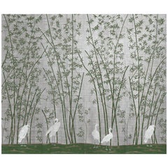 Vintage Green Bamboo and White Cranes on metal leaf Wallpaper