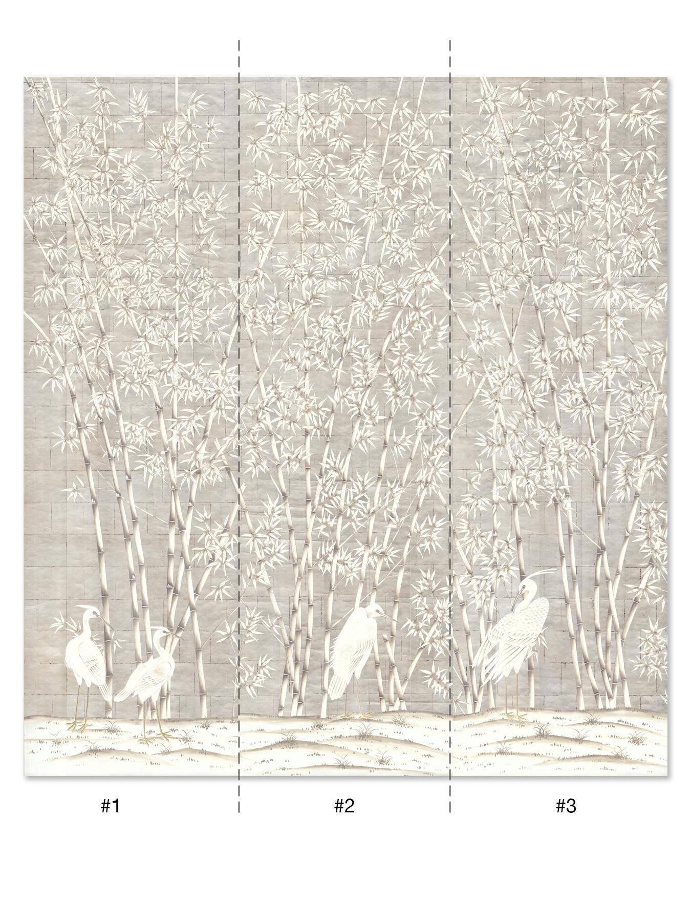 Bamboo and cranes is an exotic mural of bamboo trees with a group of majestic white cranes below. This mural is hand painted on silver metal leaf paper. The bamboo trees are delicately wrought in a warm antique white with grey highlights. The full