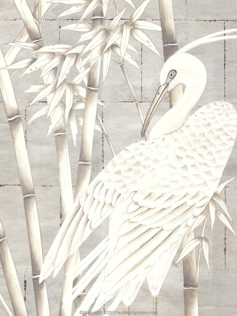 Bamboo and Cranes Mural in White For Sale at 1stdibs