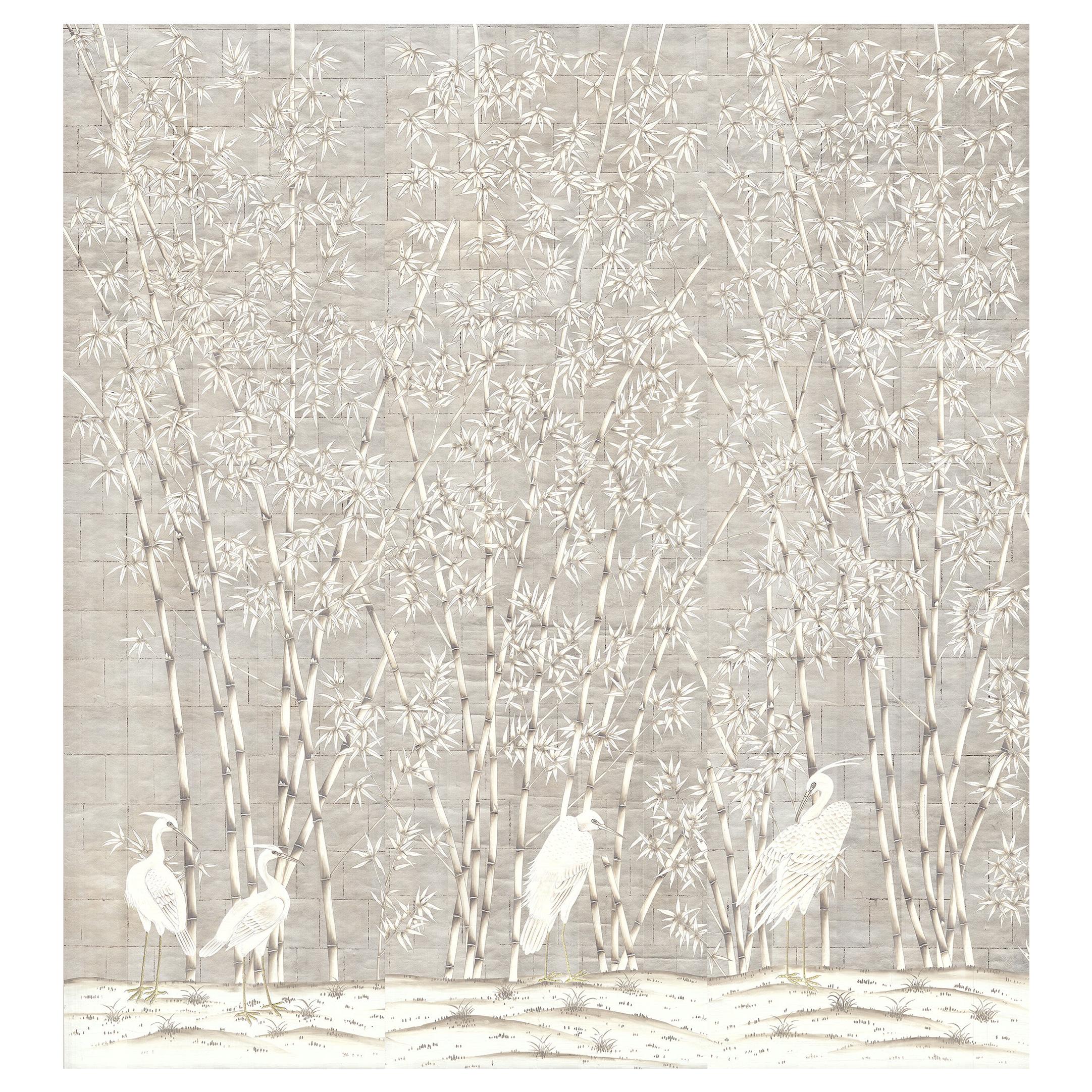 White Bamboo and Cranes on metal leaf Wallpaper