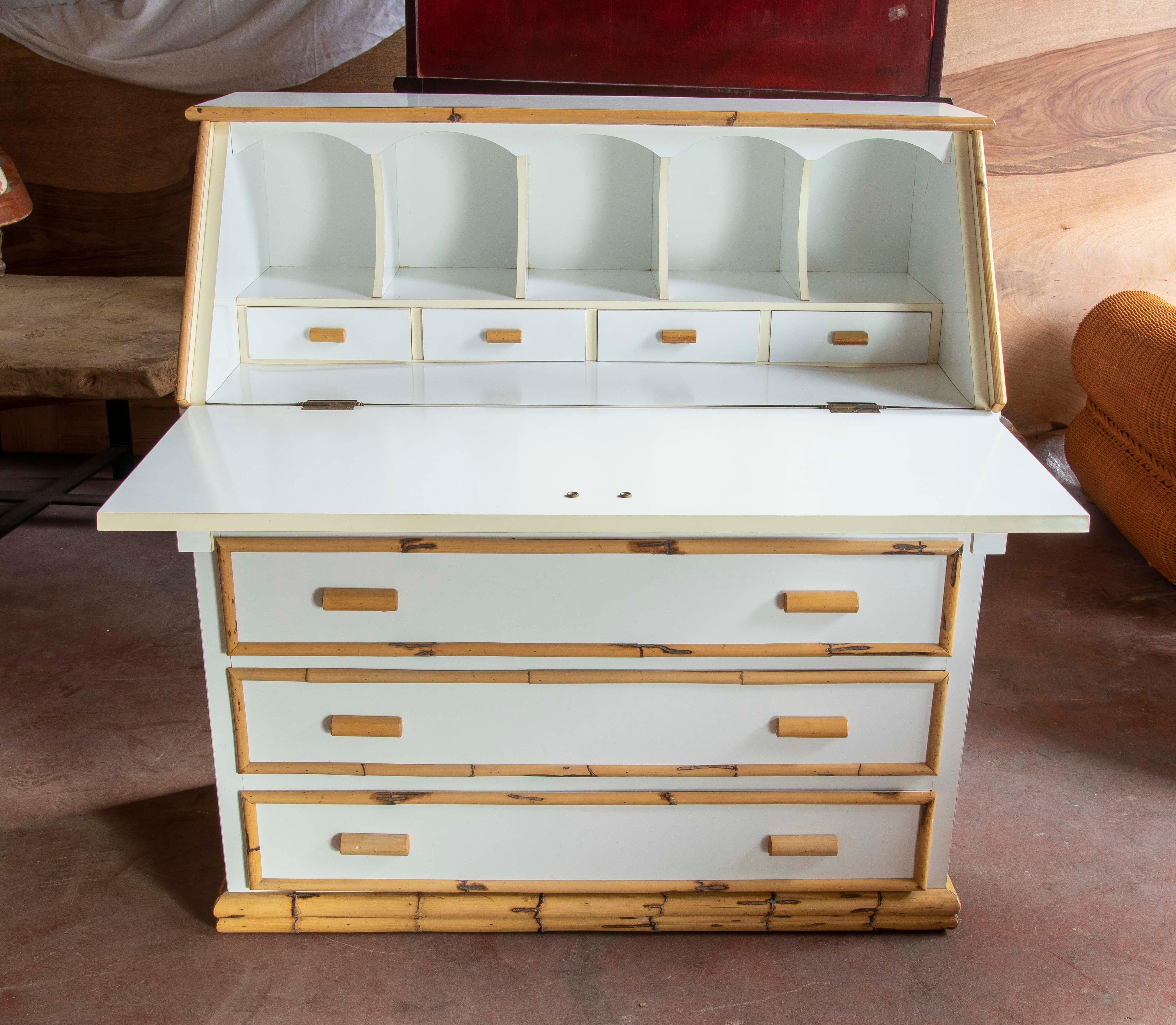 Spanish Bamboo and Formica White Desk Chest with Drawers and Secretary Unit  For Sale