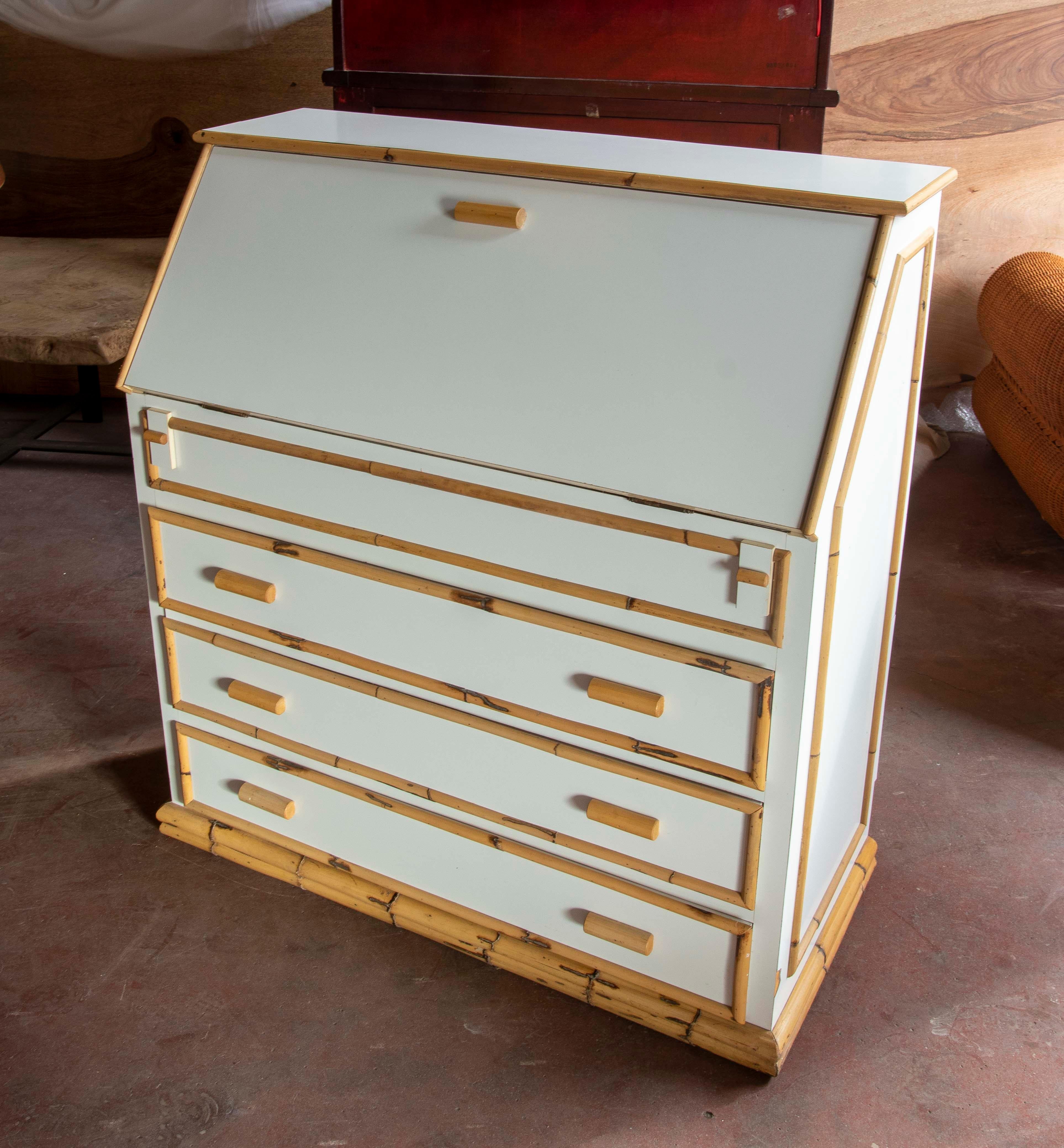 Bamboo and Formica White Desk Chest with Drawers and Secretary Unit  In Good Condition For Sale In Marbella, ES