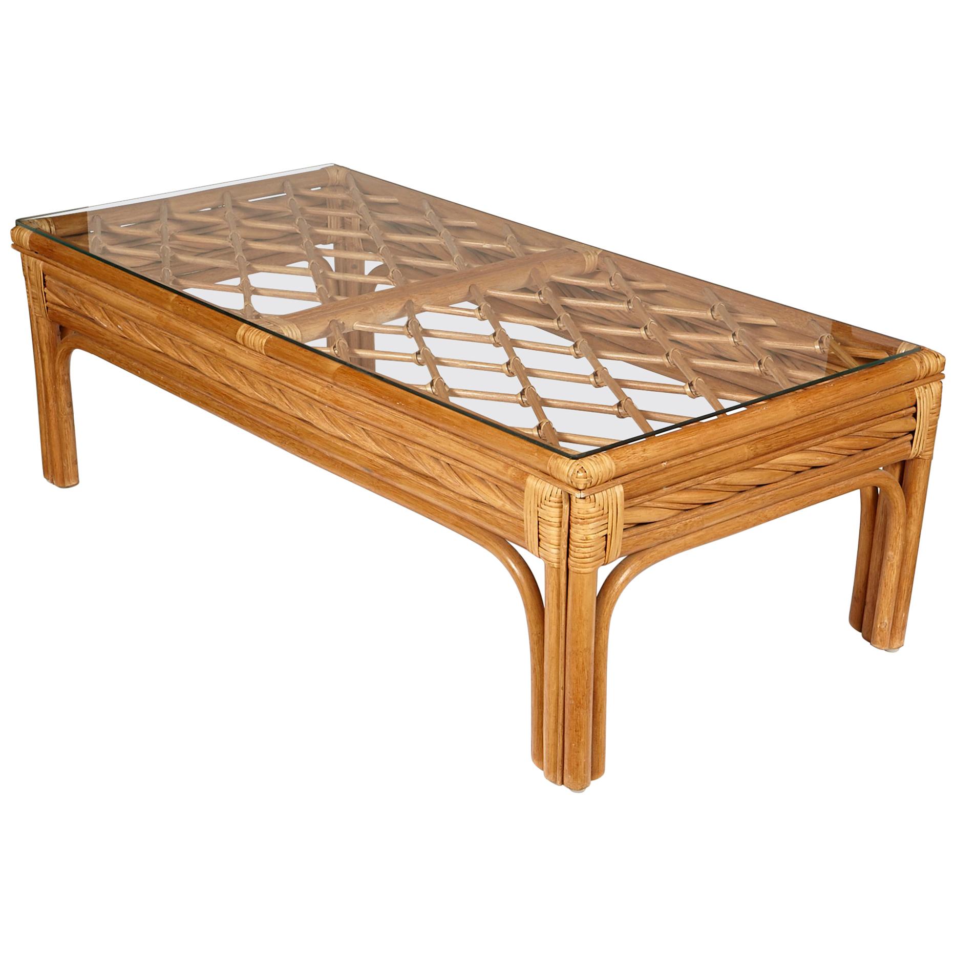 Bamboo and Glass Top Coffee Table, 1970s For Sale