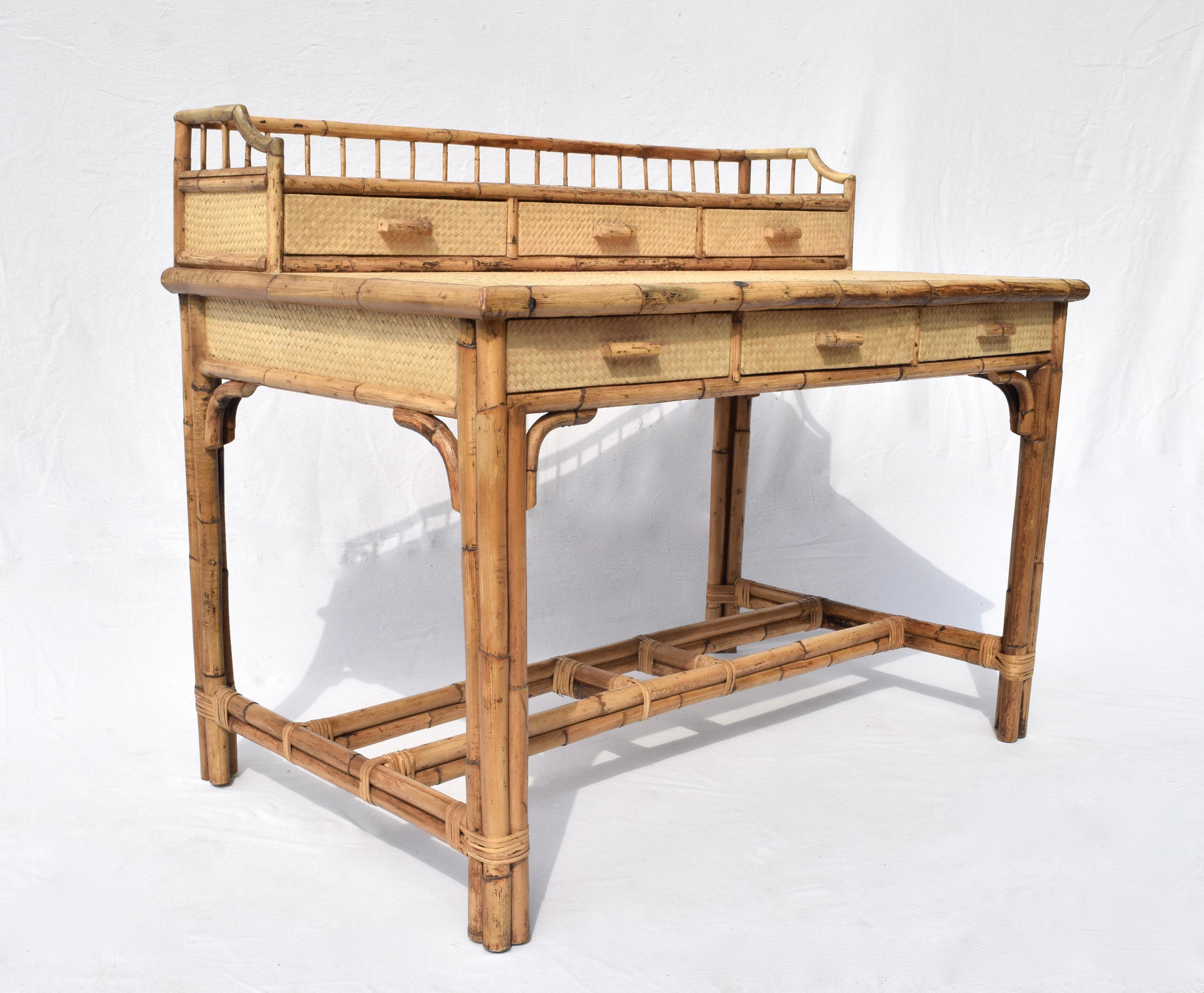 Mid-Century Modern Bamboo and Grass Cloth Desk Set with Drawers