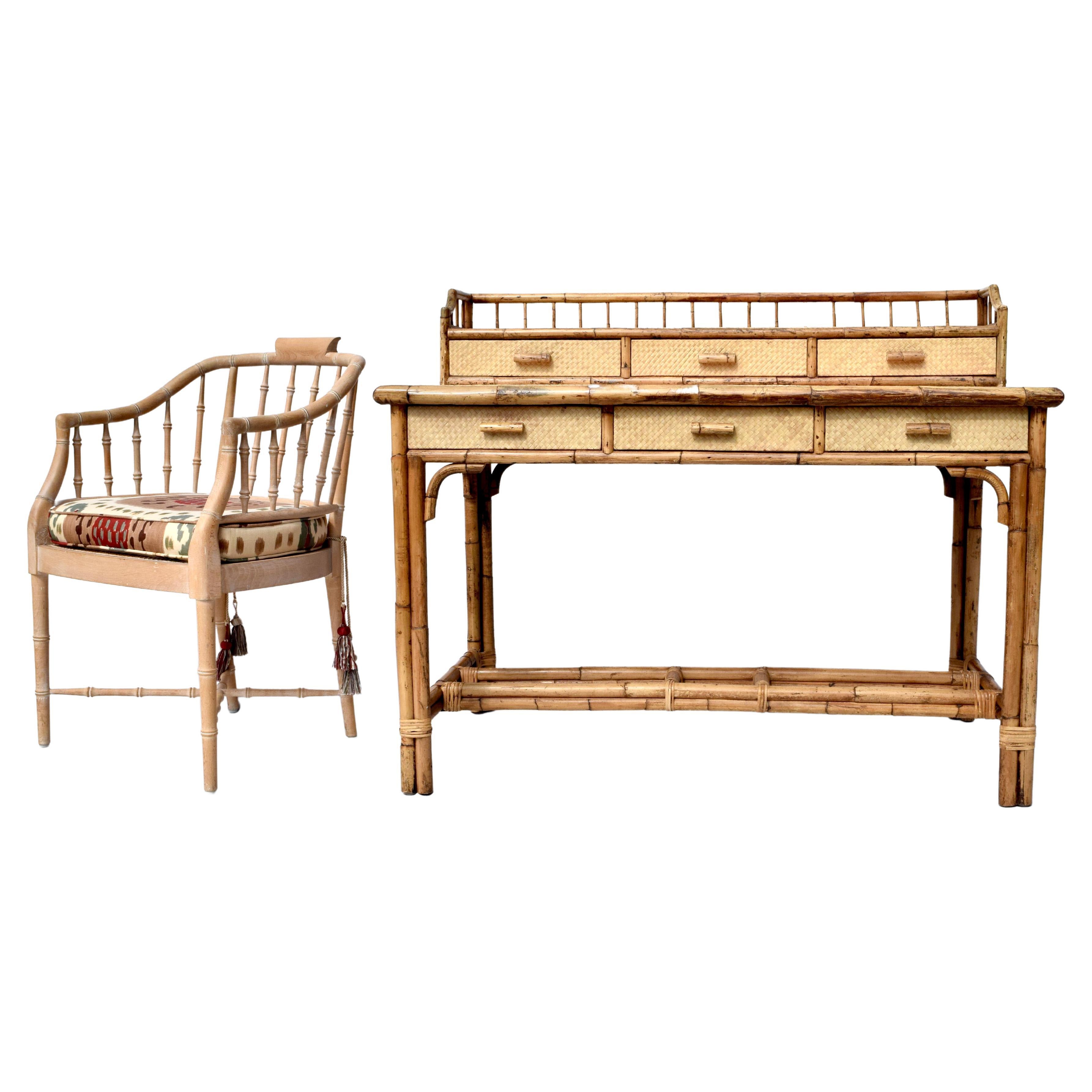 Bamboo and Grass Cloth Desk Set with Drawers