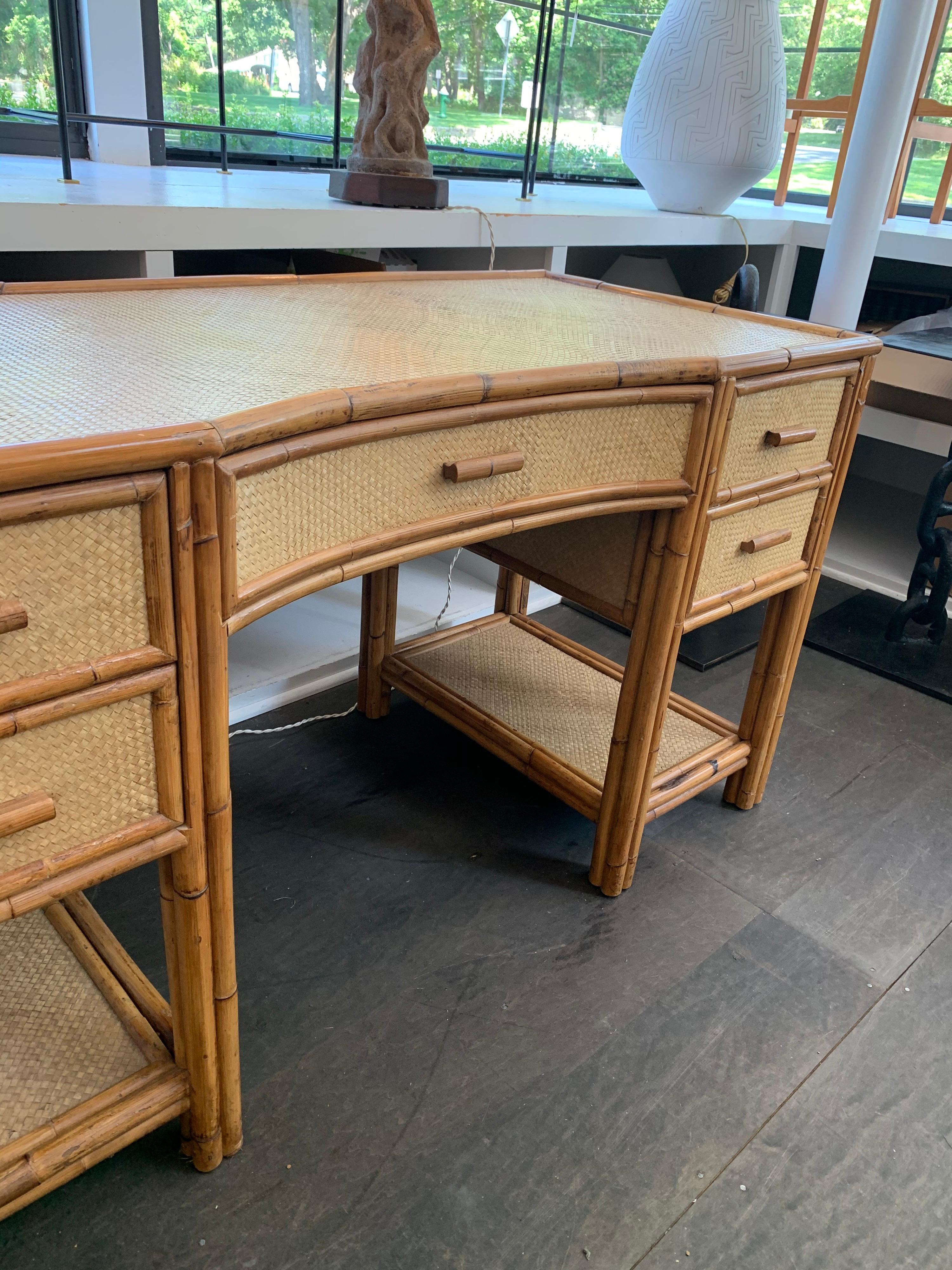 Mid-Century Modern Bamboo and Grass Cloth Desk with Drawers