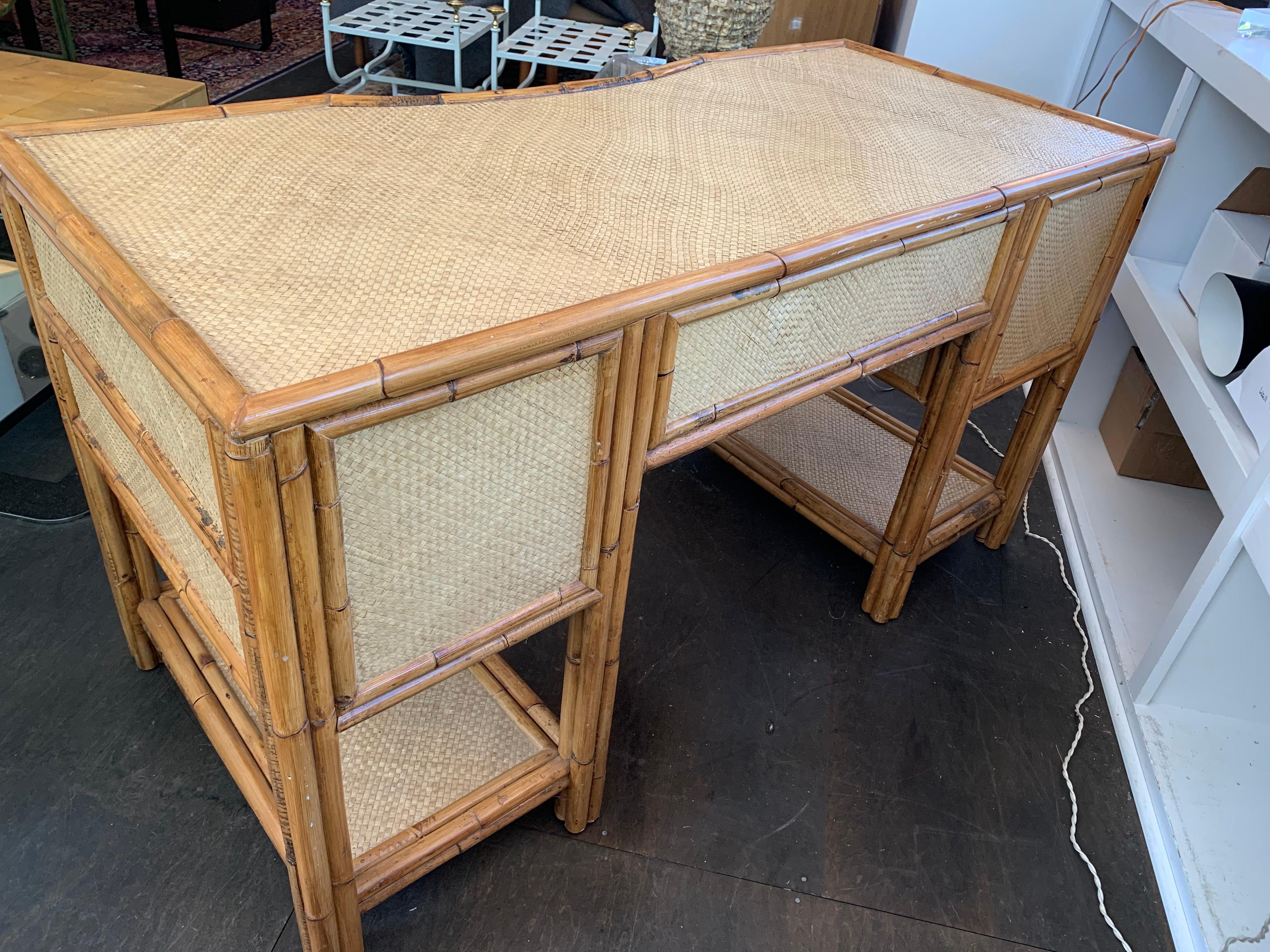 Mid-20th Century Bamboo and Grass Cloth Desk with Drawers